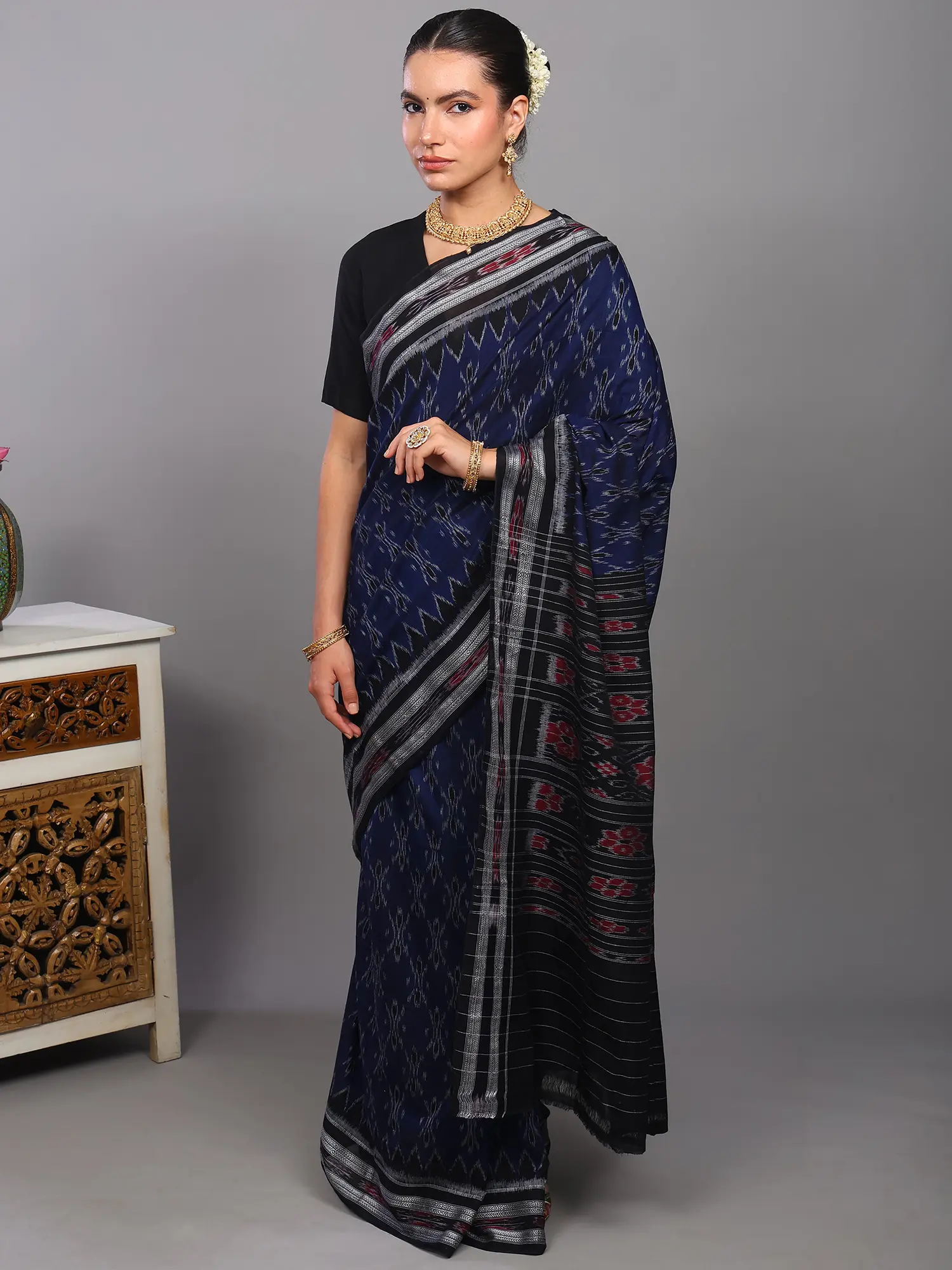 Patriot-Blue Pure Cotton Sambalpuri Saree with All-Over Ikat Weave and Temple Border