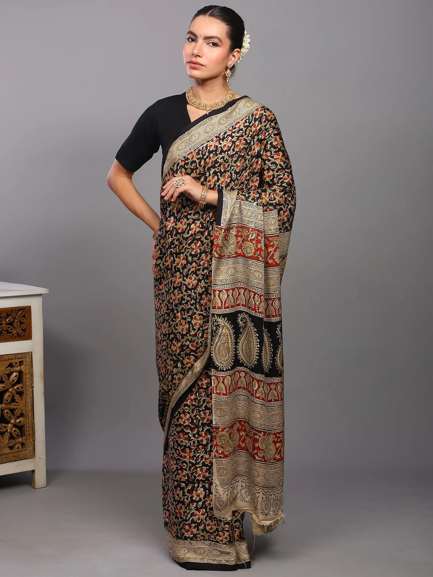 Black-Oyster Modal Silk Kalamkari Saree with Printed Multicolor Floral Jaal Pattern and Peacock Pallu