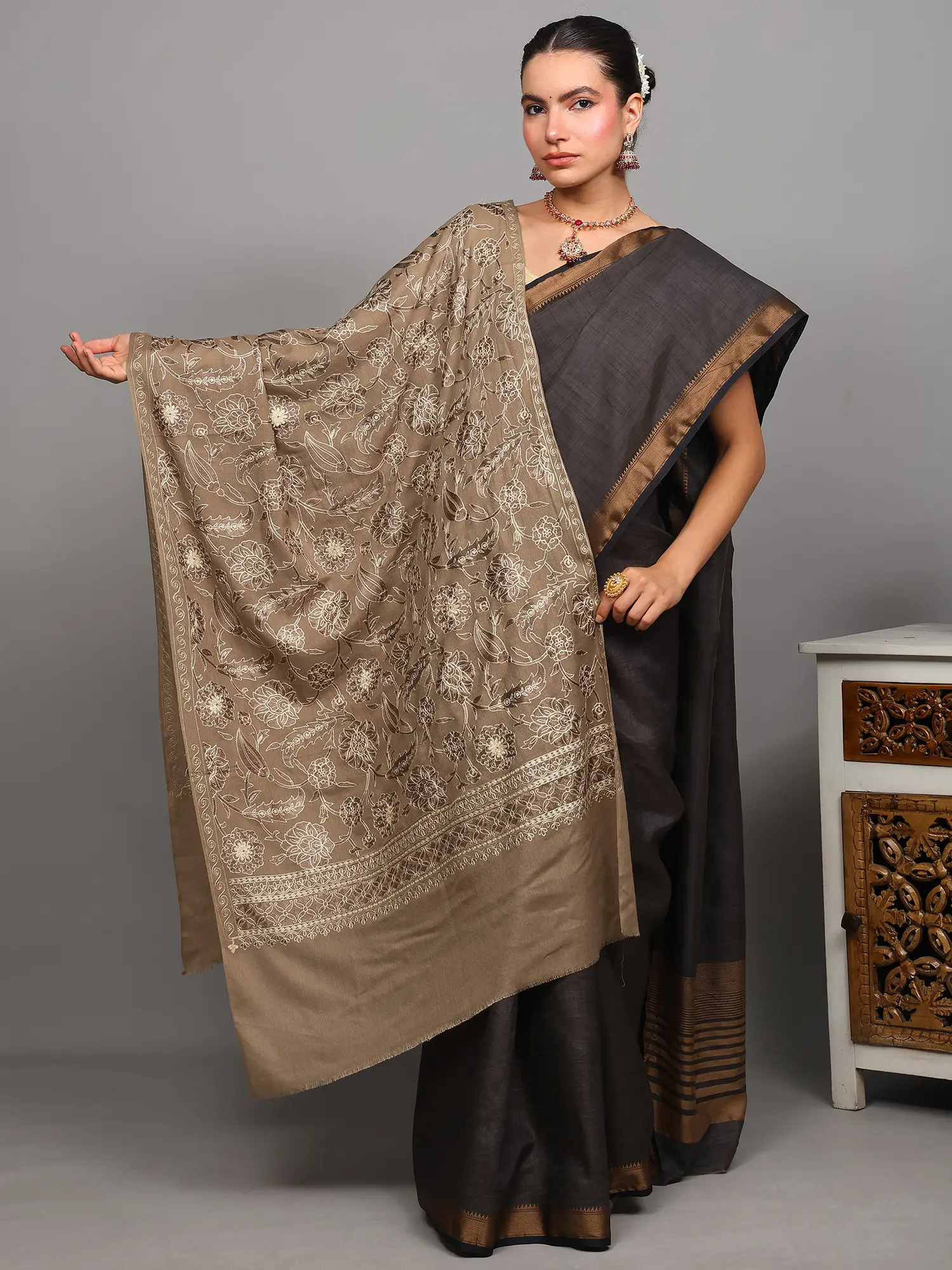 Wool Stole with Chain Stitch Aari Embroidered Floral Jaal from Amritsar