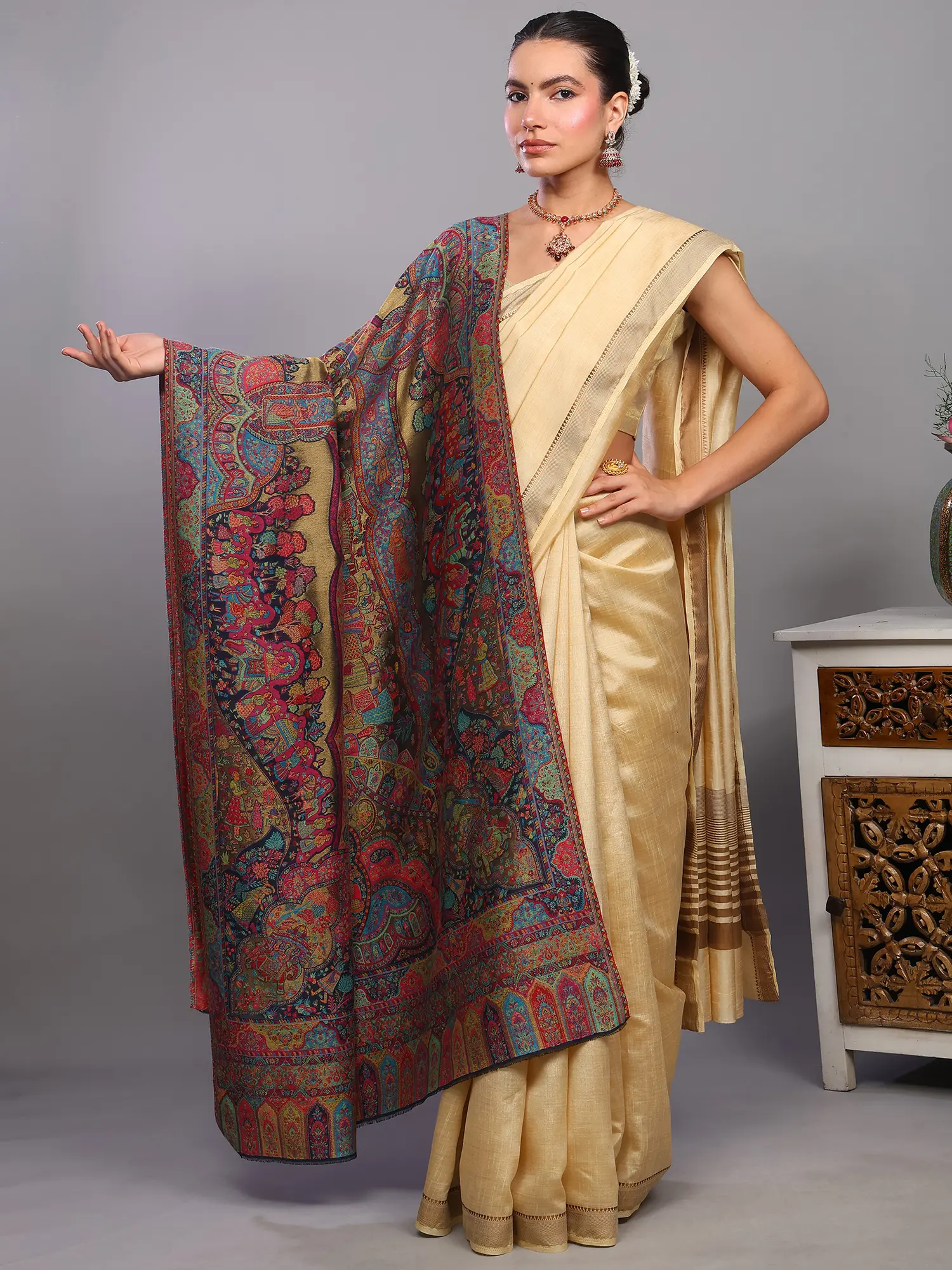 Multicolor Pure Wool Kani Shawl with Woven Marriage Procession and Zari Weave