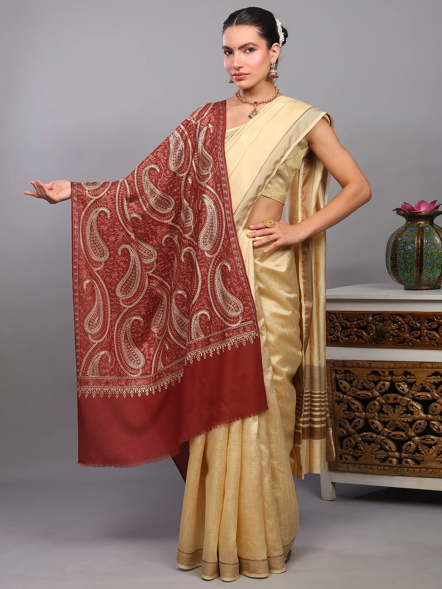 Wool Stole from Amritsar with Aari Embroidered Giant Paisleys