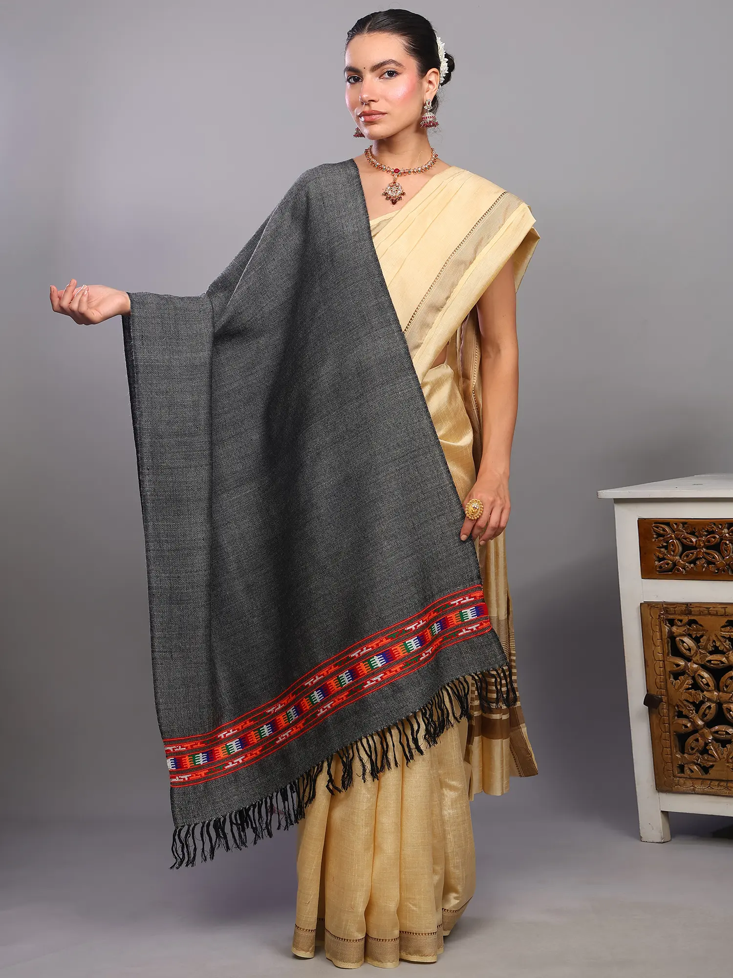 Iron-Grey Diamond Weave Stole with Kinnauri Border from Kullu