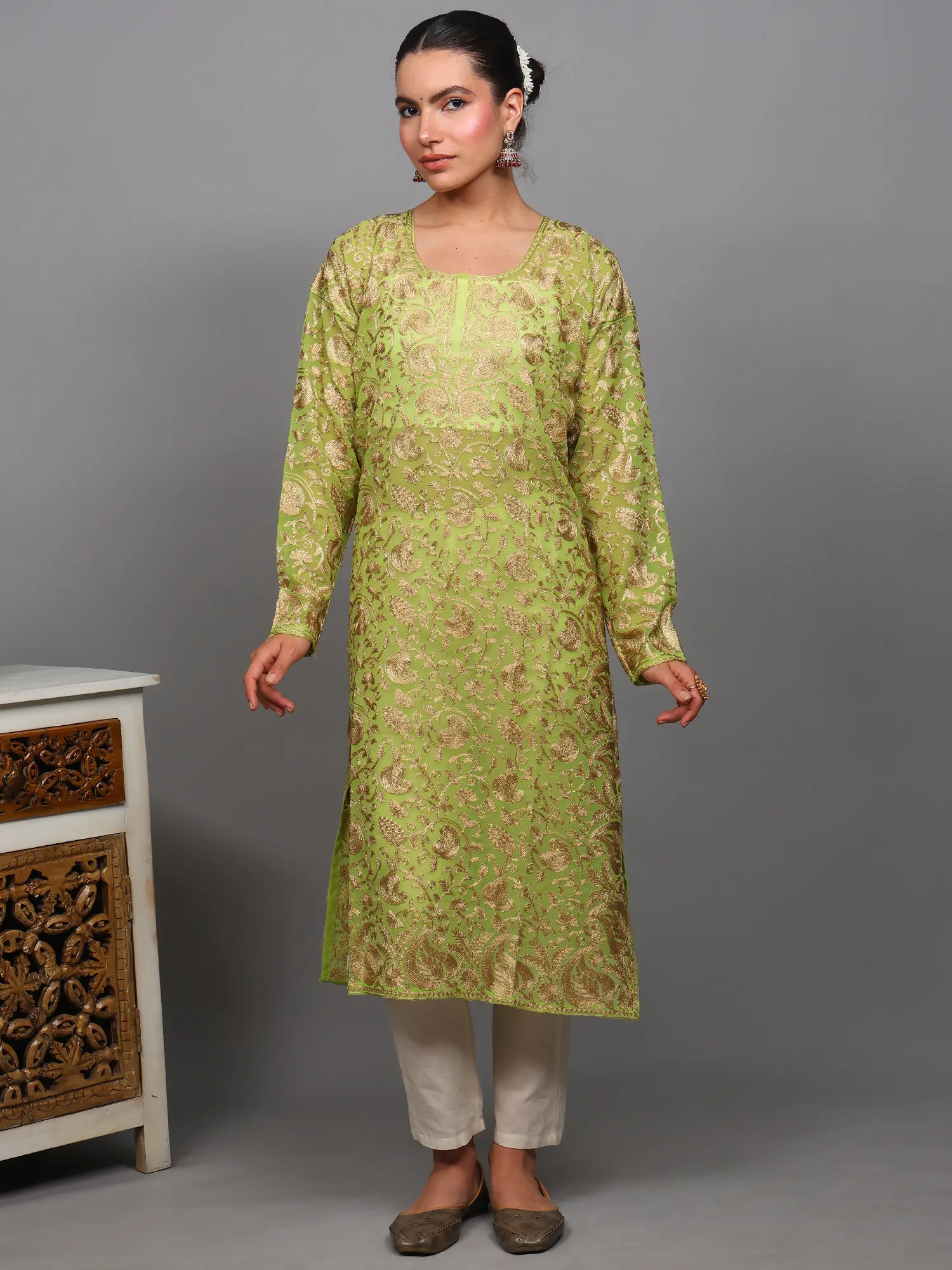 Georgette Long Kurti with Aari Embroidered Floral Jaal All-Over