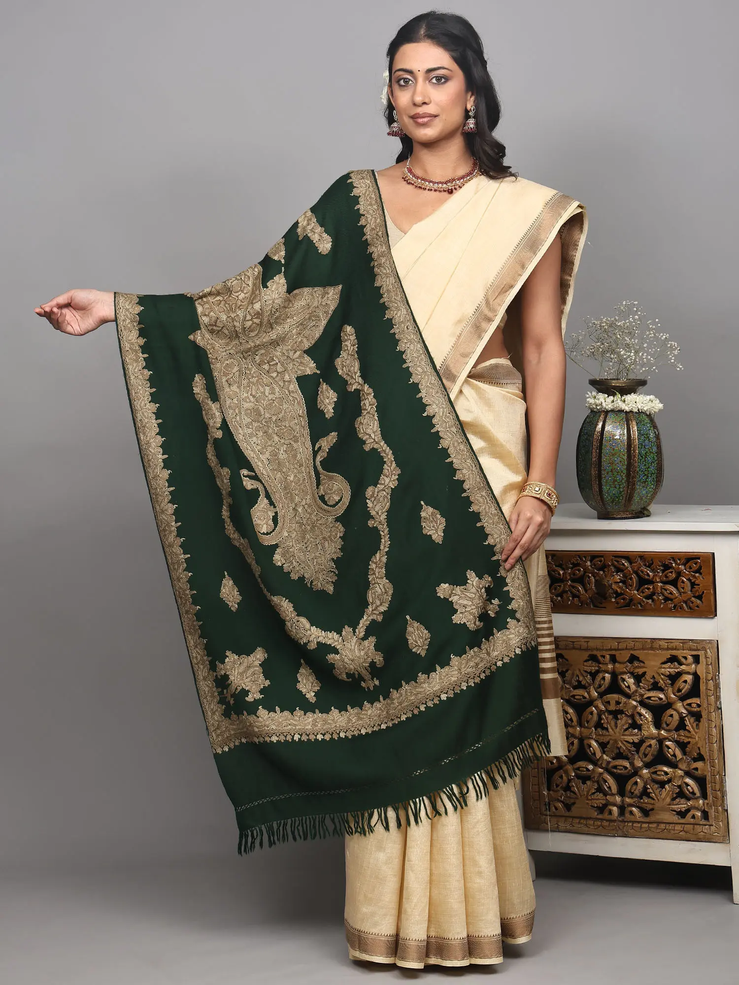 Rain-Gorest Pure Wool Stole from Kashmir with Aari Embroidered Giant Paisleys by Hand