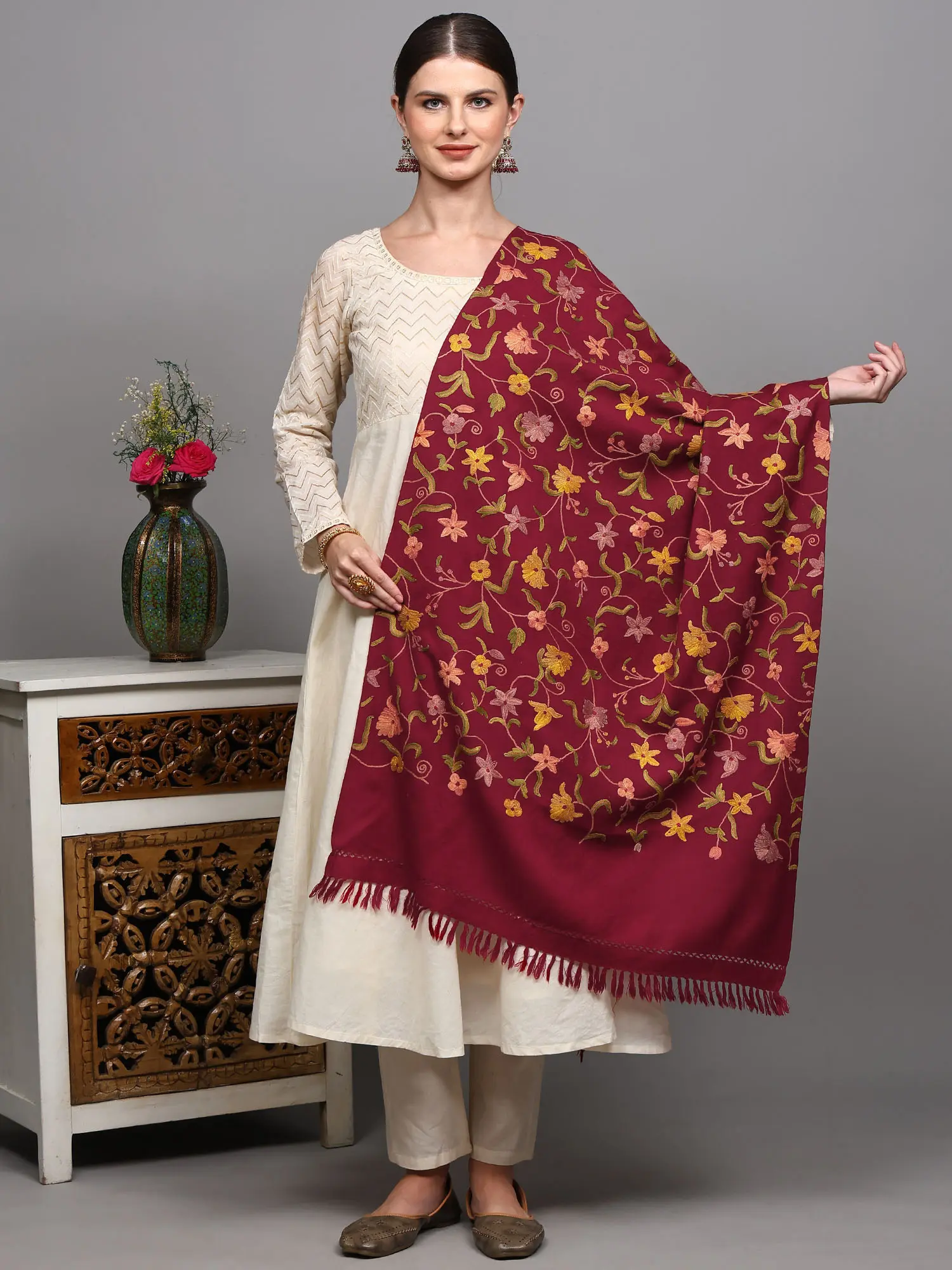 Kashmiri Stole with Multicolor Aari Hand-Embroidered Floral Vines on All-Over