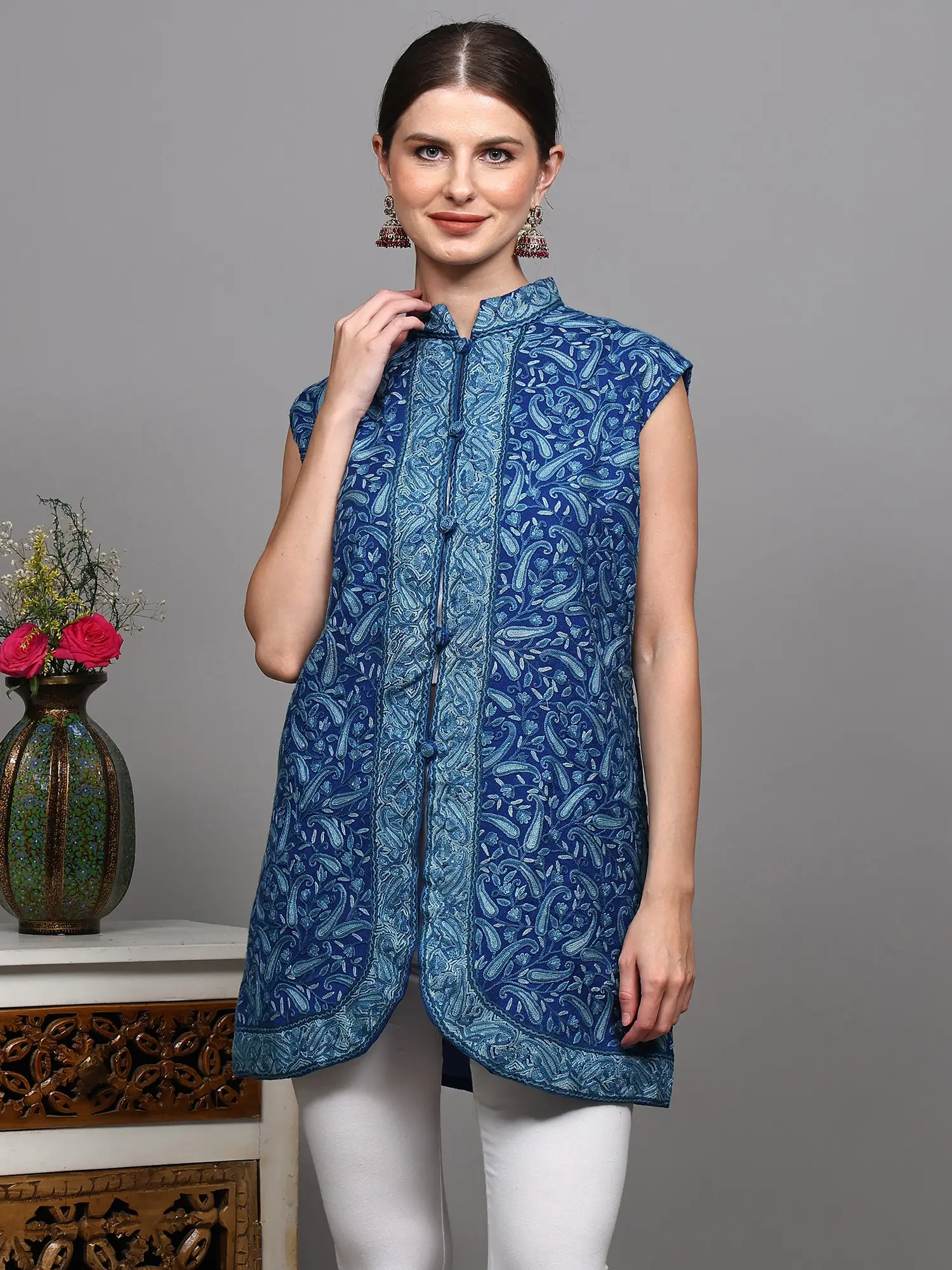 Bright-Cobalt Pure Wool Sleeveless Jacket from Kashmir with All-Over Aari Embroidered Paisleys