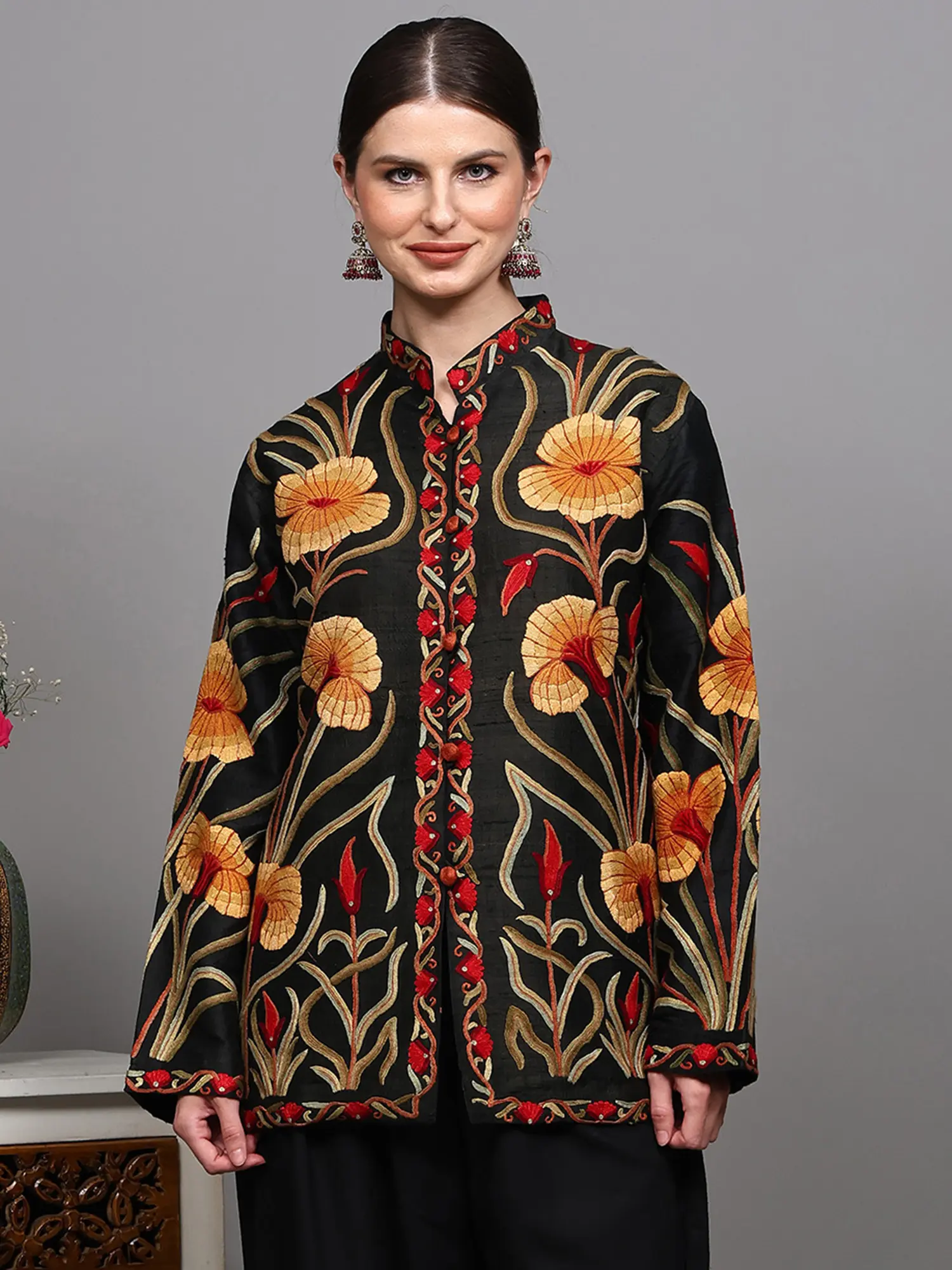 Bristol-Black Pure Silk Long Jacket with Aari Embroidered Flowers All-Over from Kashmir