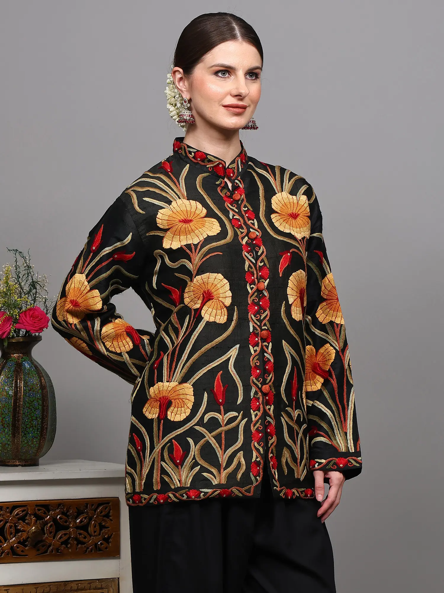 Bristol-Black Pure Silk Long Jacket with Aari Embroidered Flowers All-Over from Kashmir, alternate view