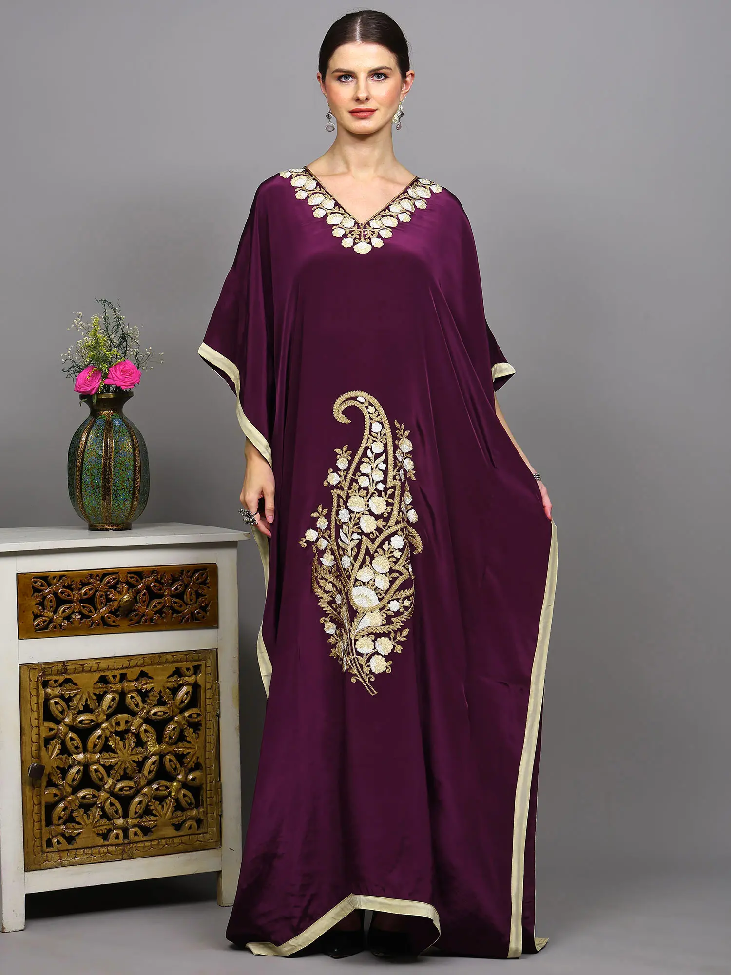 Kashmiri Long Kaftan with Chain Stitch Aari Embroidered Paisleys