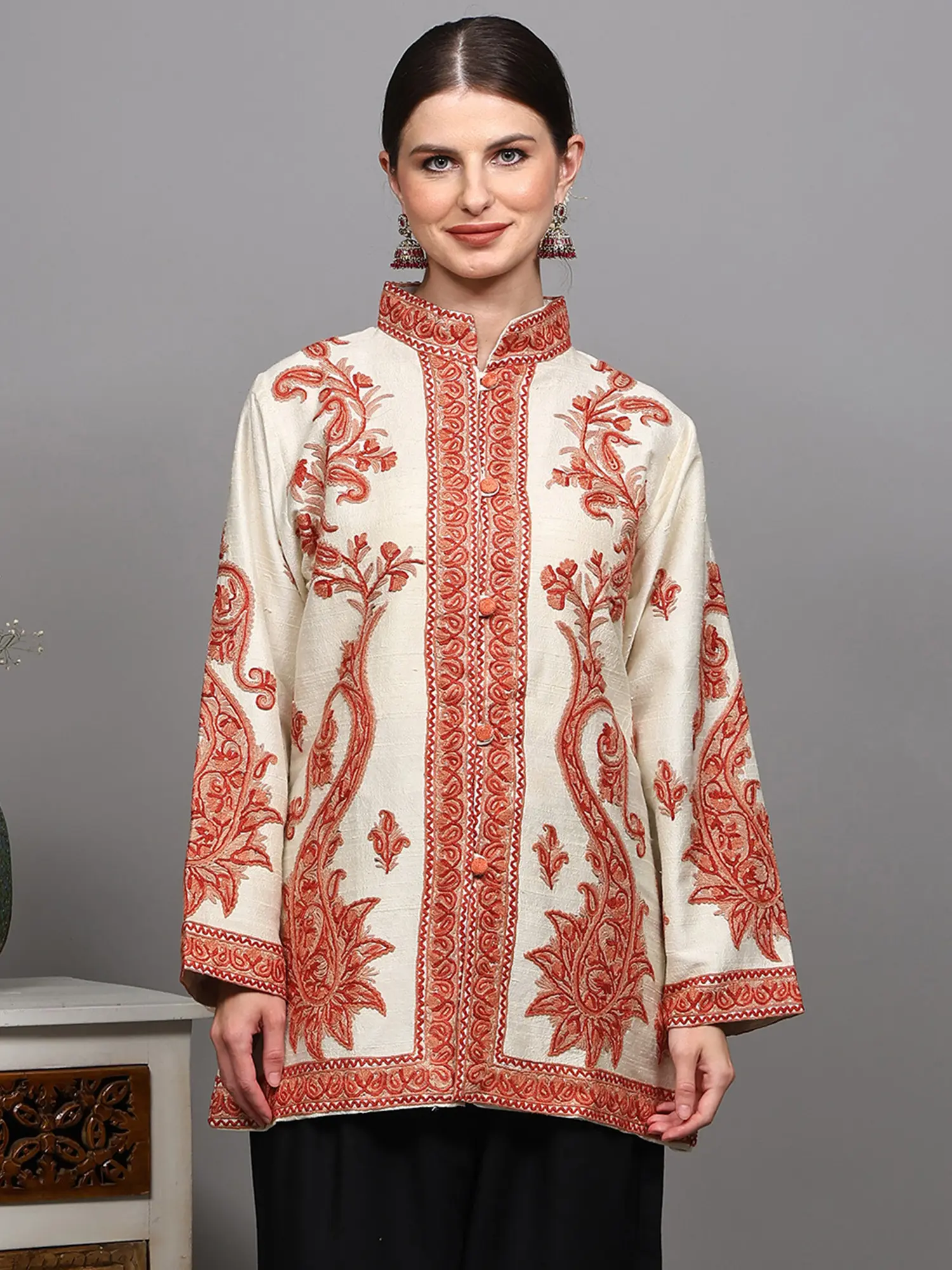 Cannoli-Cream Pure Silk Long Jacket with Aari Embroidered Paisley Vine from Kashmir