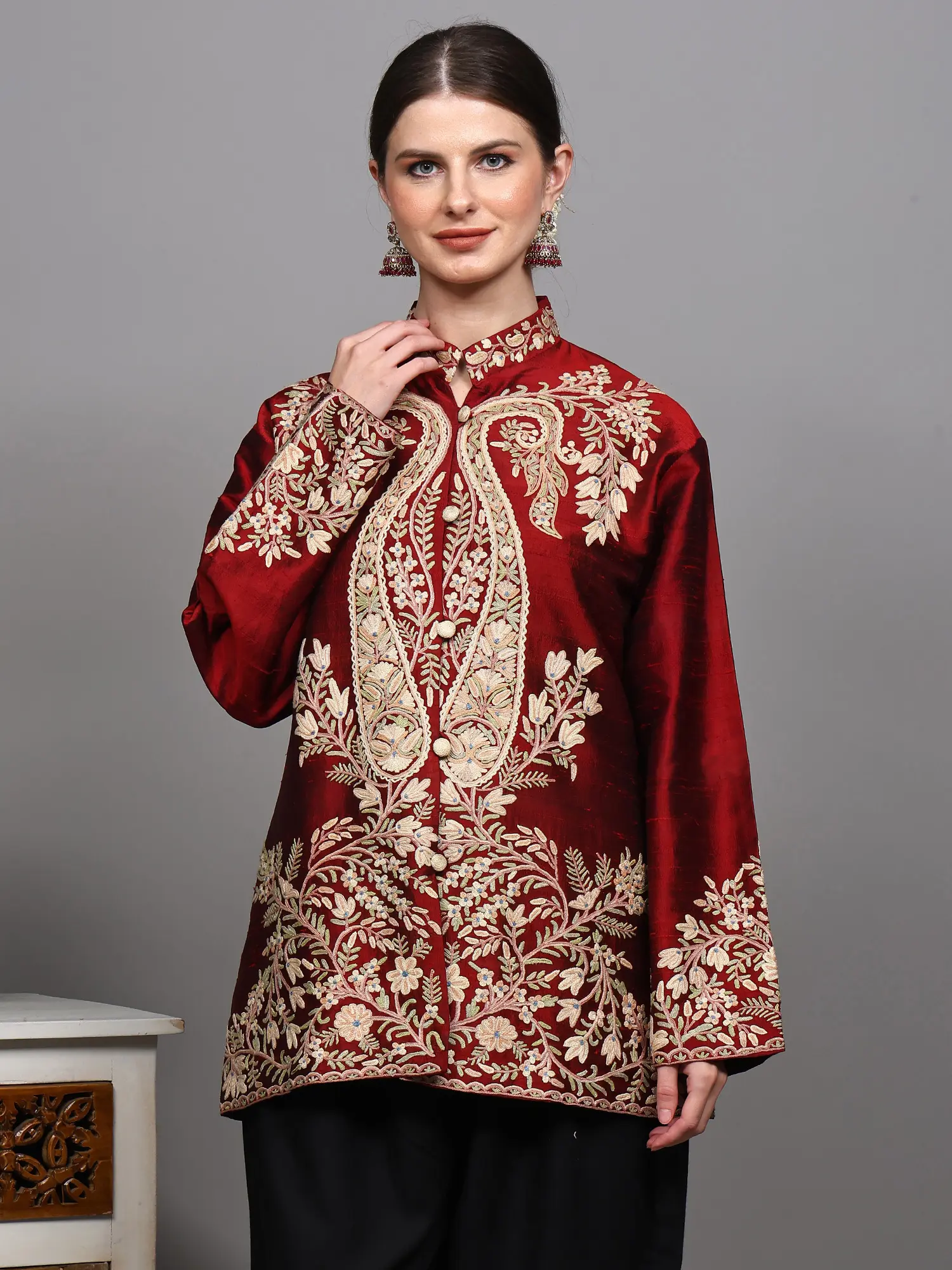 Karanda-Red Pure Silk Short Jacket with Aari Embroidered Paisleys and Flowers from Srinagar