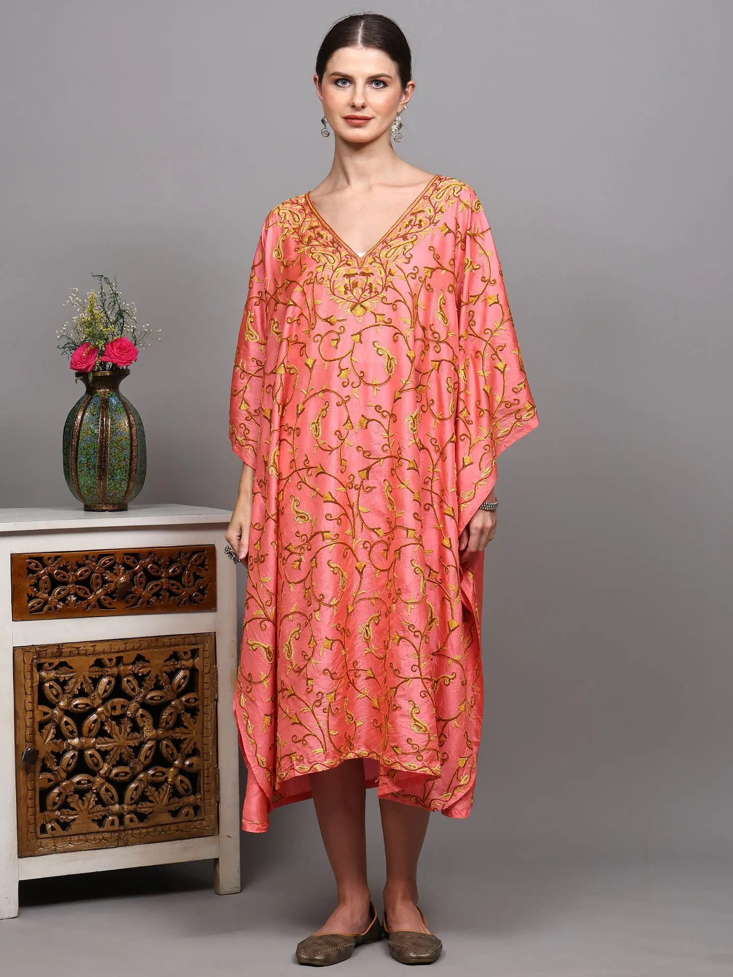 Peach-Pink Pure Silk Short Kaftan from Kashmir with Aari Hand-Embroidered Floral Sprigs