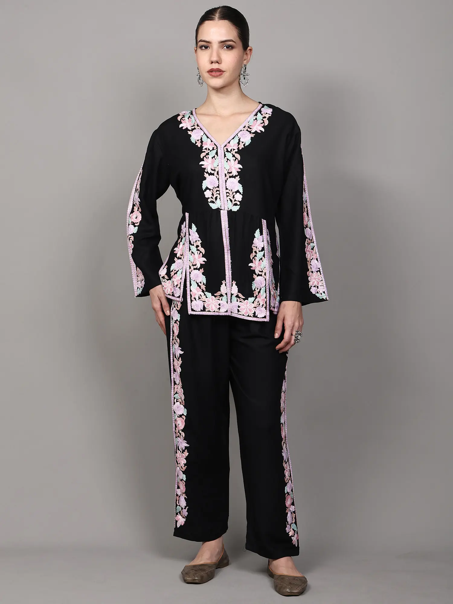 Pure Cotton Co-Ord Set with Aari Embroidered Flowers in Multicolor from Kashmir