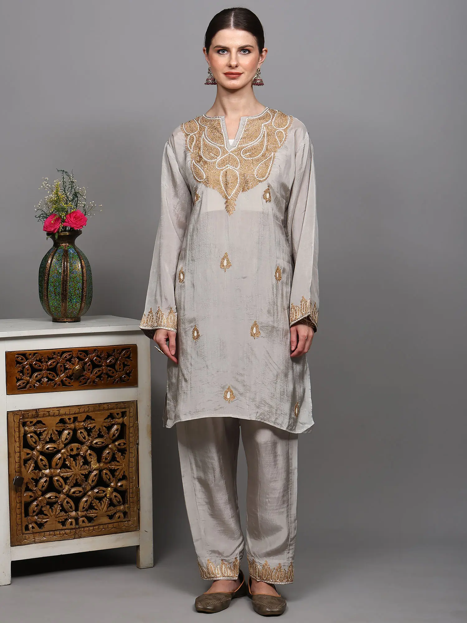 Straight Salwar Suit Set and Intricate Chain Stitch Embroidery from Kashmir