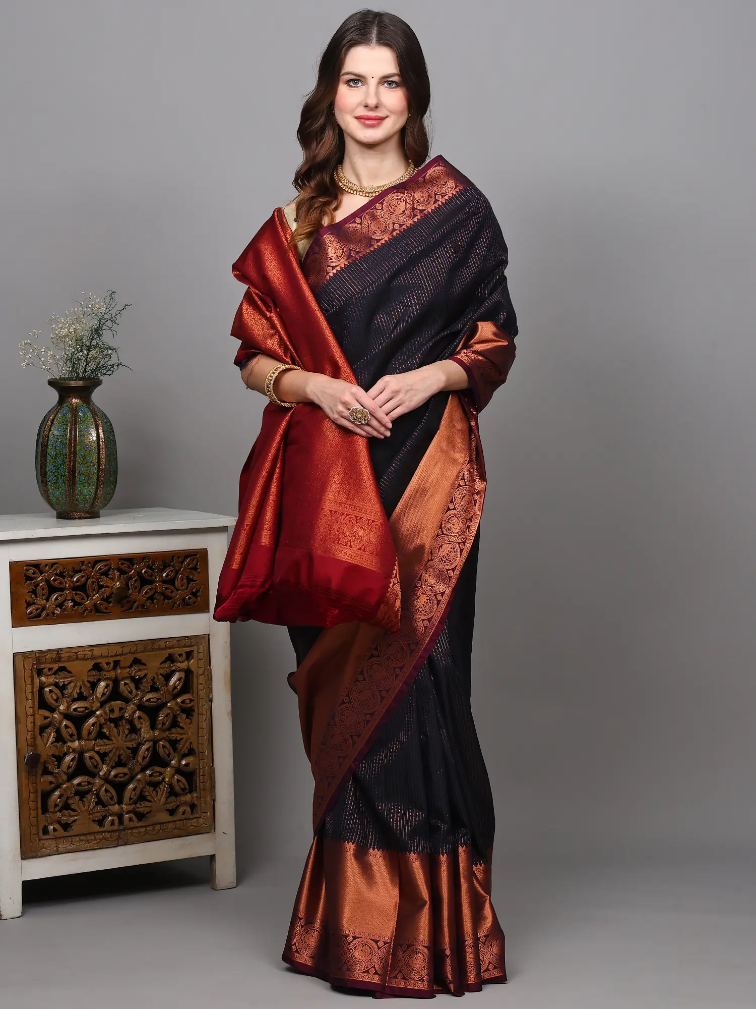 Dark-Blue Stripes Saree with All-Over Copper Colored Thread Weave and Peacock-Elephant Border from Bangalore