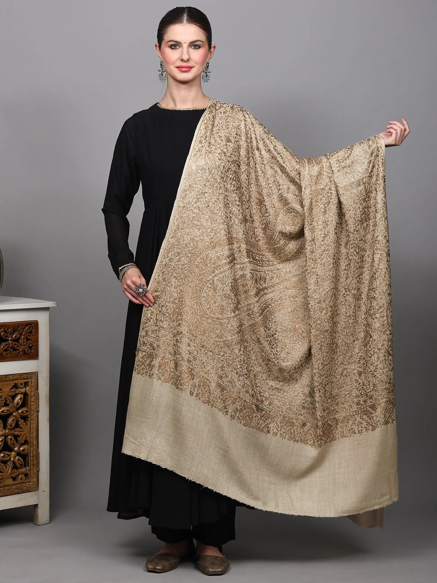 Shawl with Intricate Thread Embroidered Paisleys and Floral Leaves All-Over