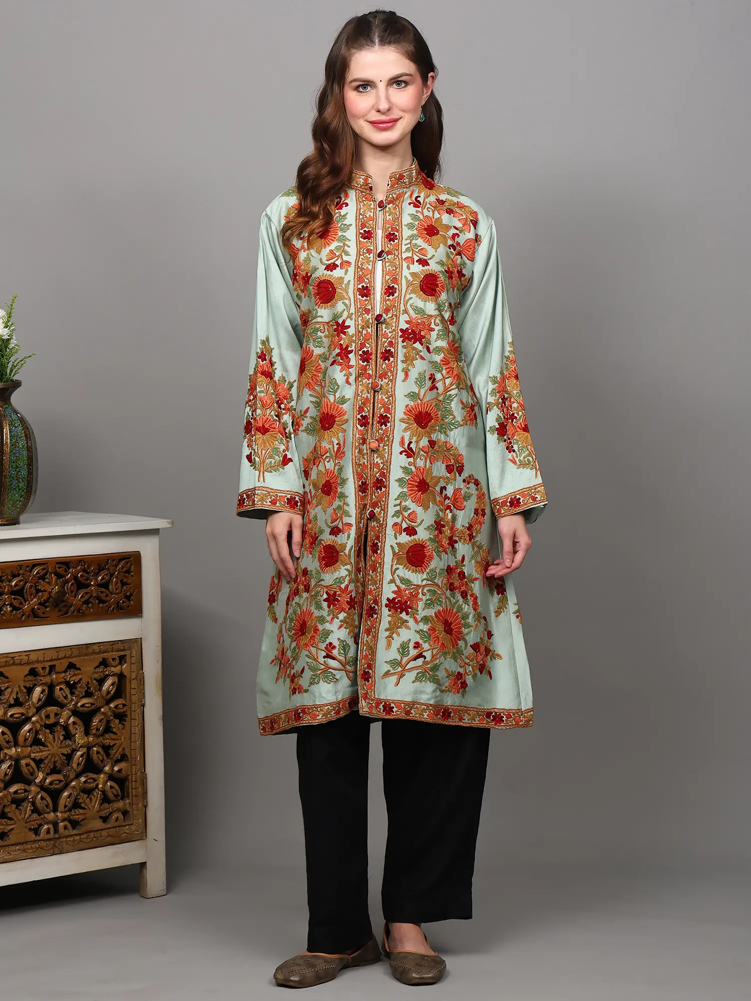 Misty-Jade Pure Silk Long Jacket from Kashmir with Aari Embroidered Flowers by Hand