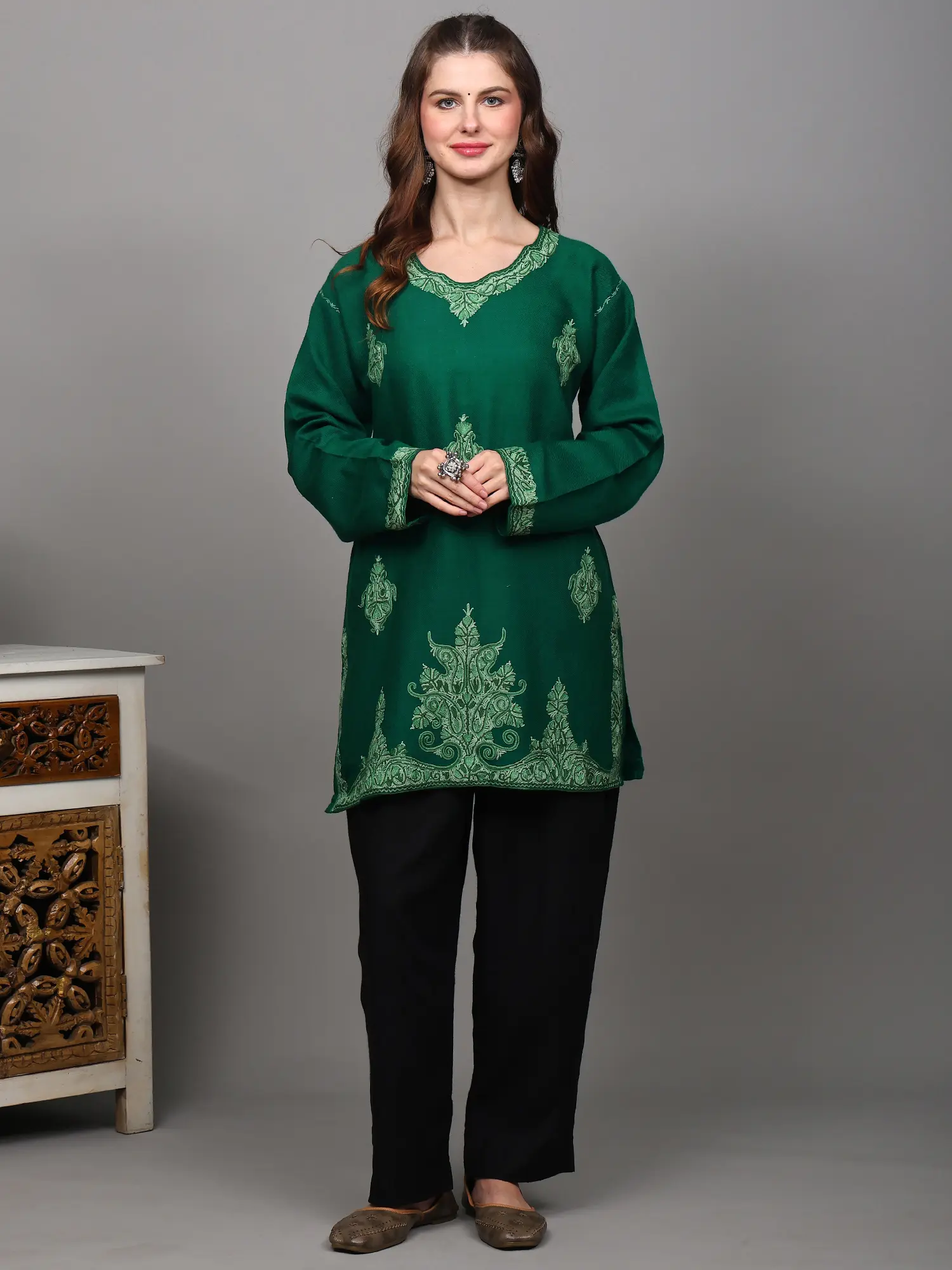 Quetzal-Green Pure Wool Short Kurti from Kashmir with Aari Embroidered Paisleys