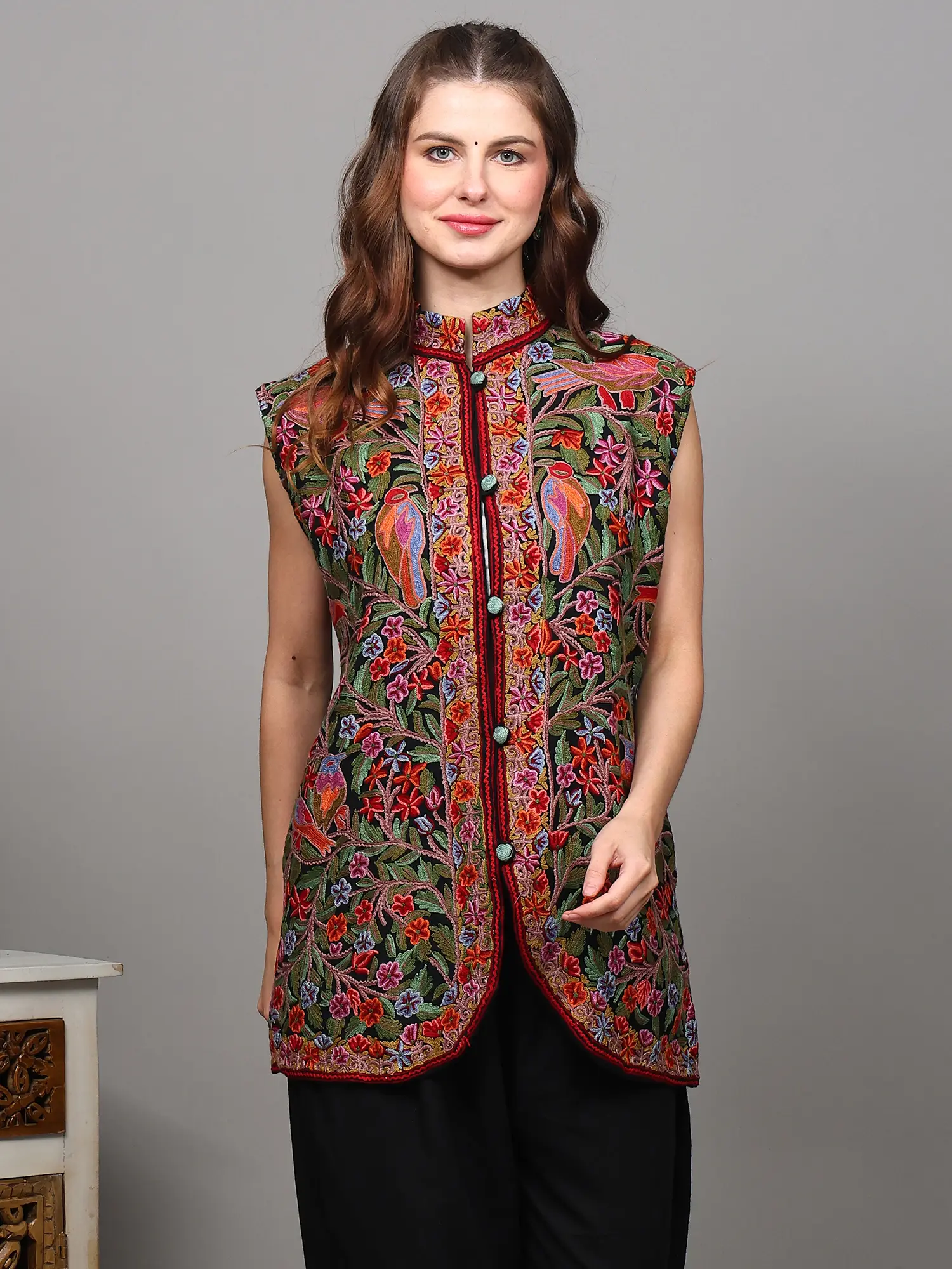 Black-Beauty Pure Wool Sleeveless Jacket with Heavily Detailed Aari Hand-Embroidered Birds on Tree Branch