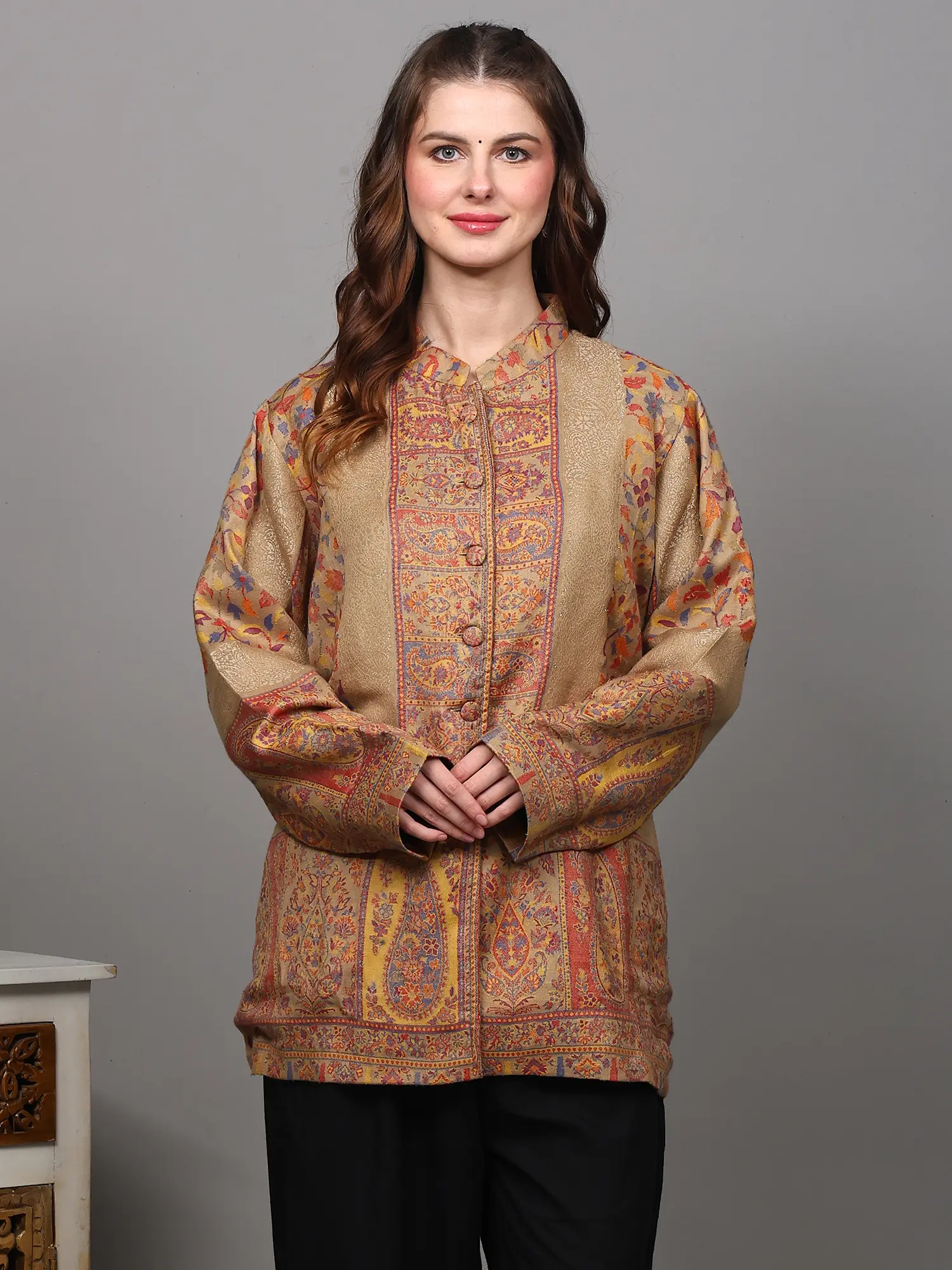 Creme-Brulee Kani Short Jacket with Woven Paiselys-Flowers and Side Pockets