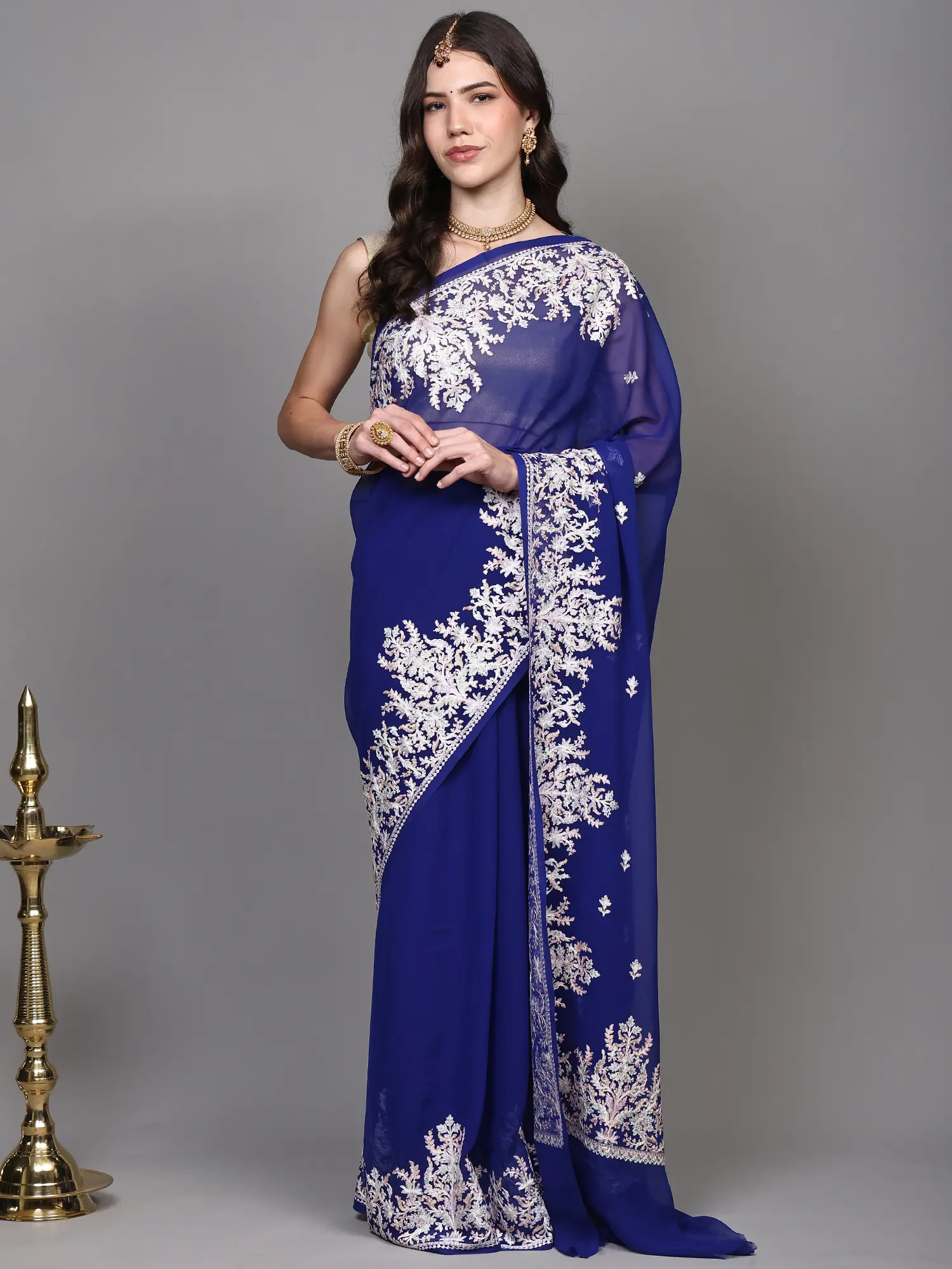 Georgette Saree with Chain Stitch Aari Embroidered Floral Border from Kashmir