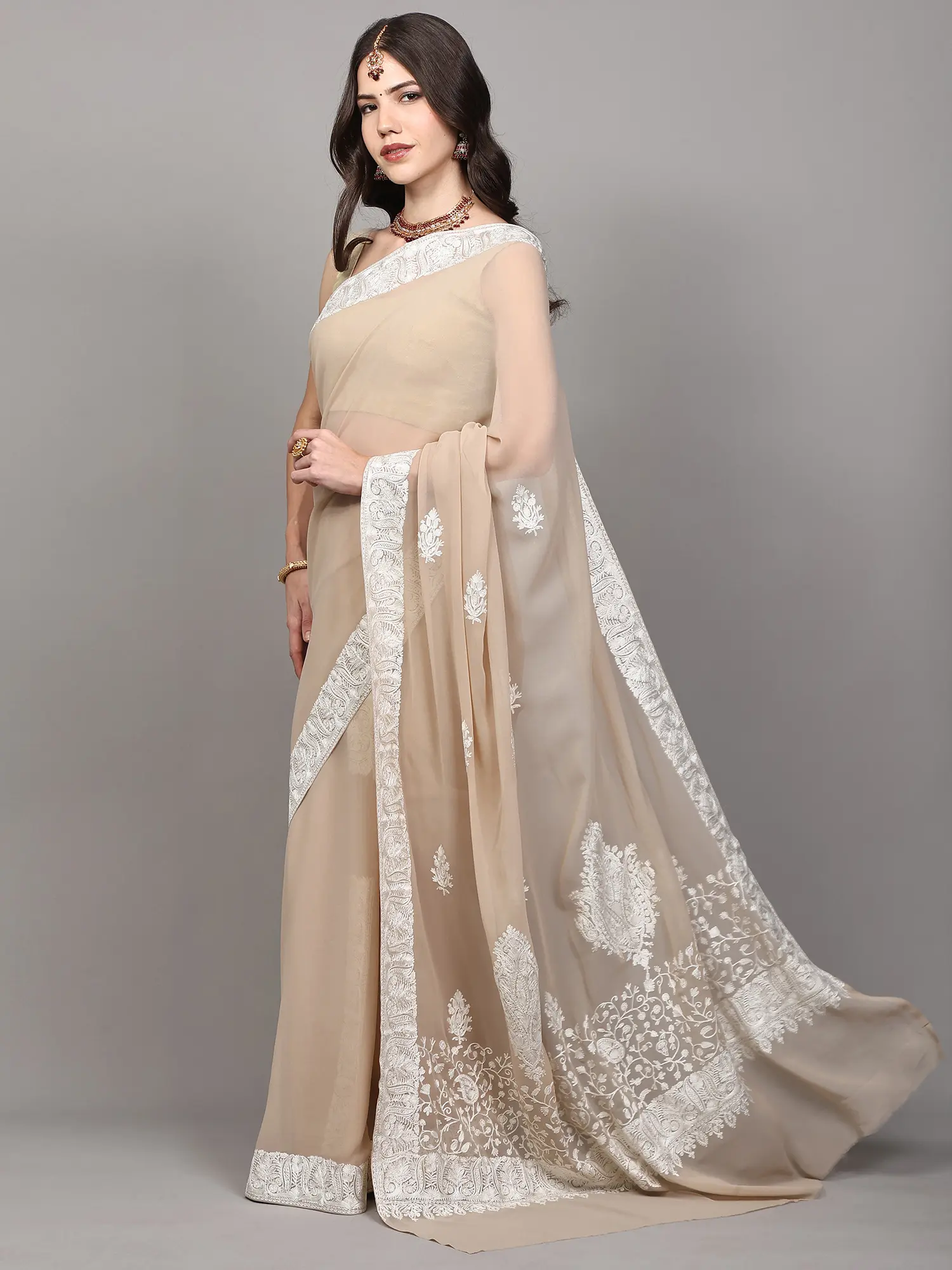 Volcanic-Glass Kashmiri Saree with Aari Embroidered Paisleys and Flowers Border-Pallu
