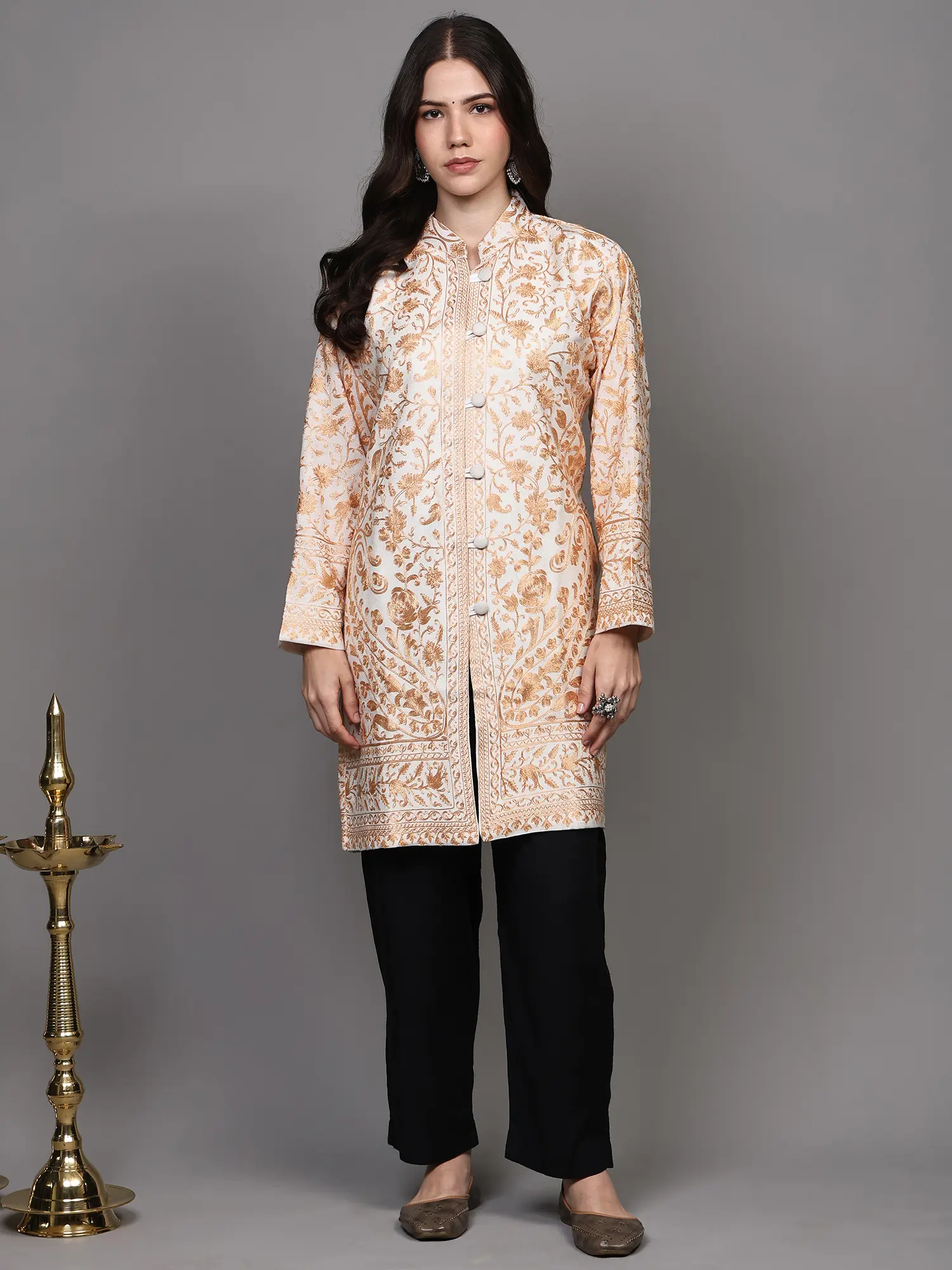 Star-White Wool Long Jacket with Aari Embroidered Flowers and Paisleys from Kashmir