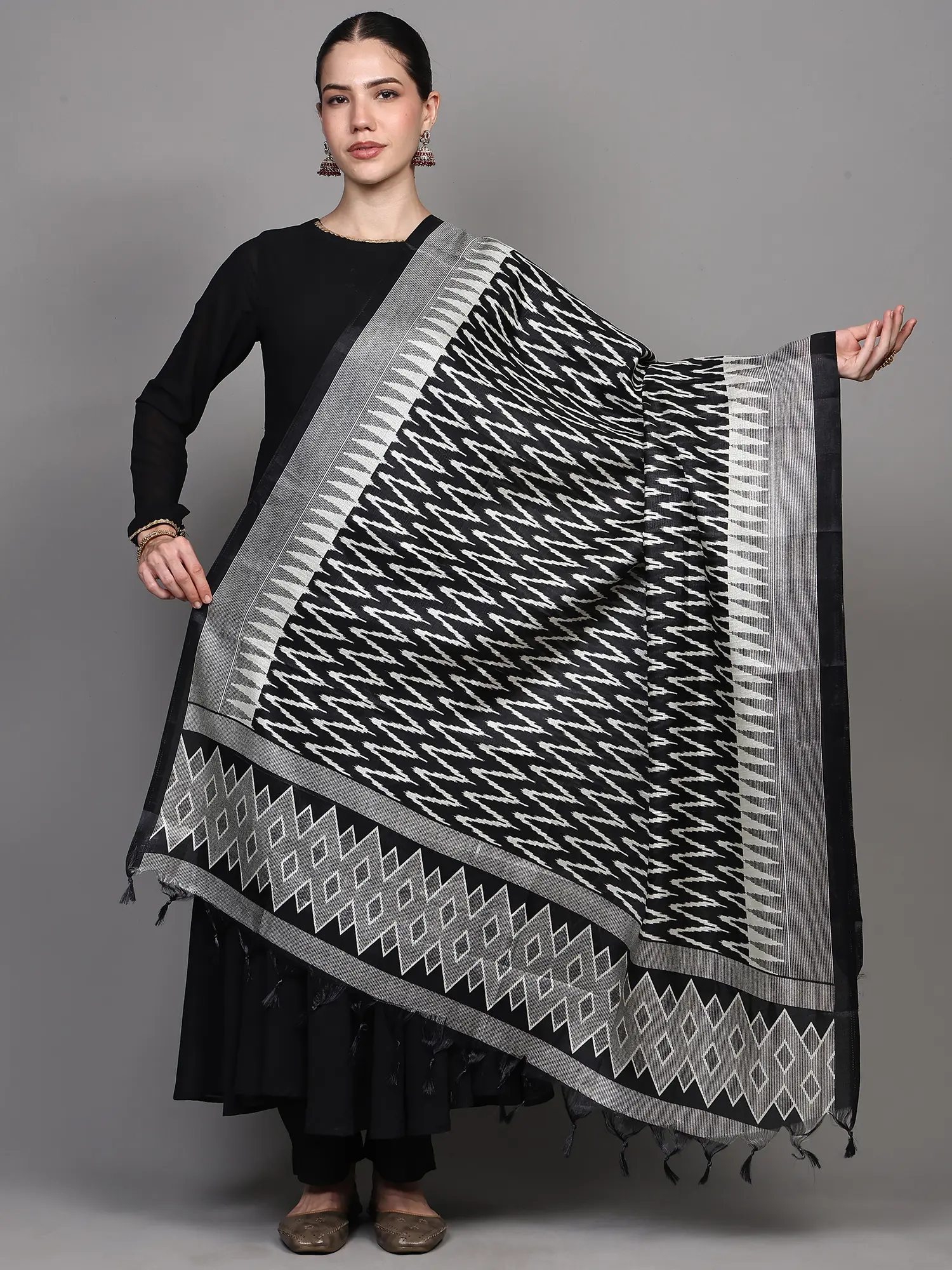 Art Silk Dupatta with Printed Zig-Zag Pattern and Temple Border