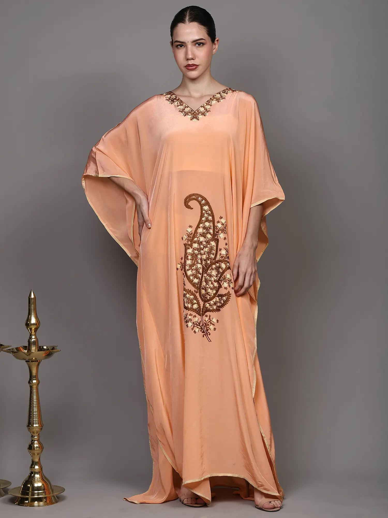 Long Kaftan with Aari Embroidered Giant Paisleys from Kashmir