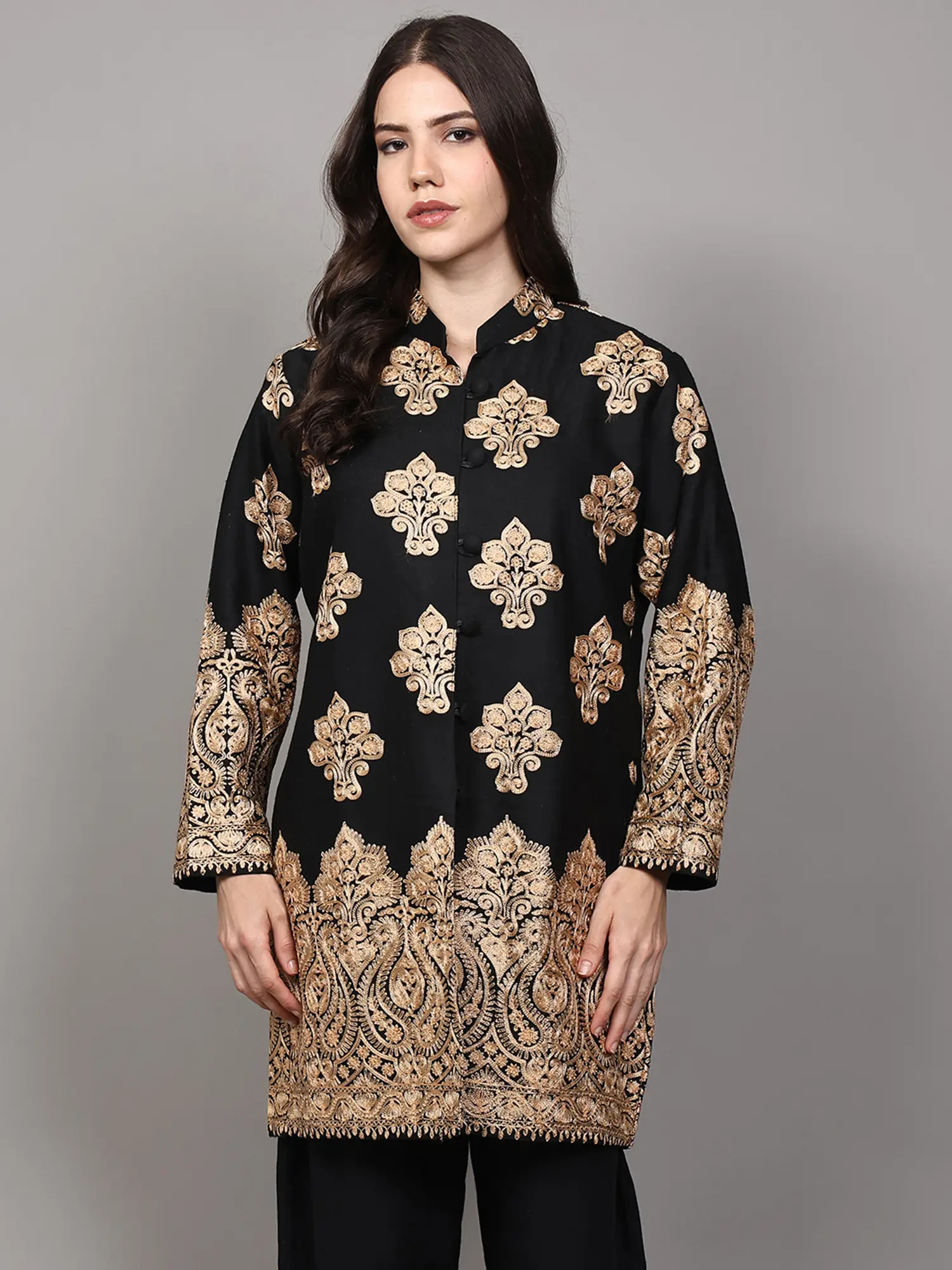 Jet-Black Wool Long Jacket with Chain Stitch Aari Embroidered Floral Butta and Paisleys
