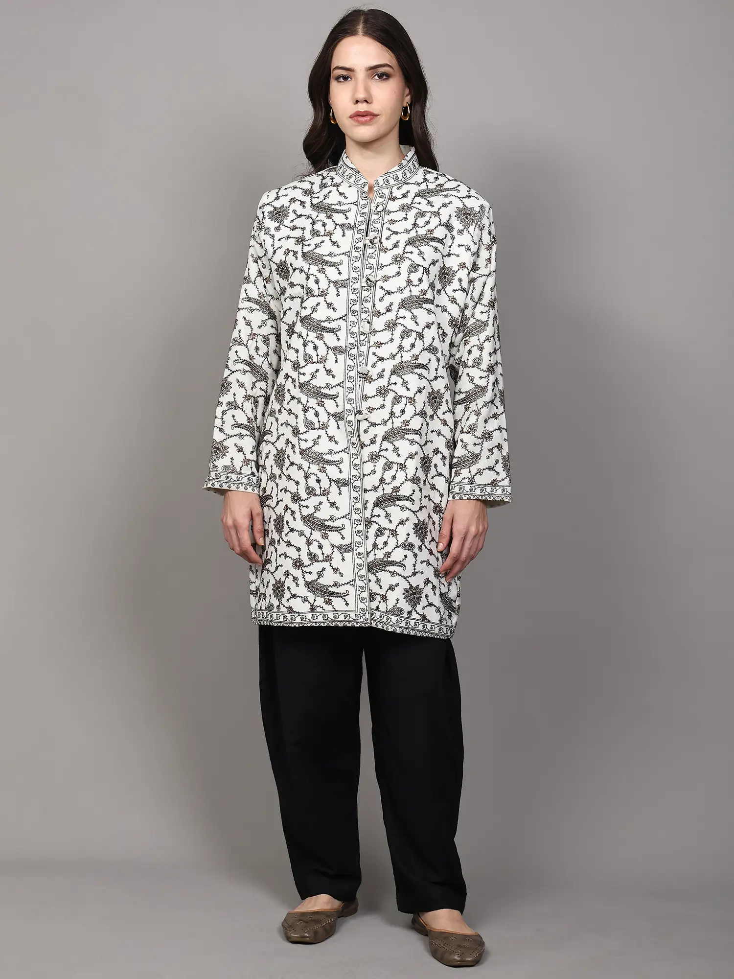 Star-White Pure Wool Kashmiri Long Jacket with Zari and Thread Embroidered Paisleys Jaal