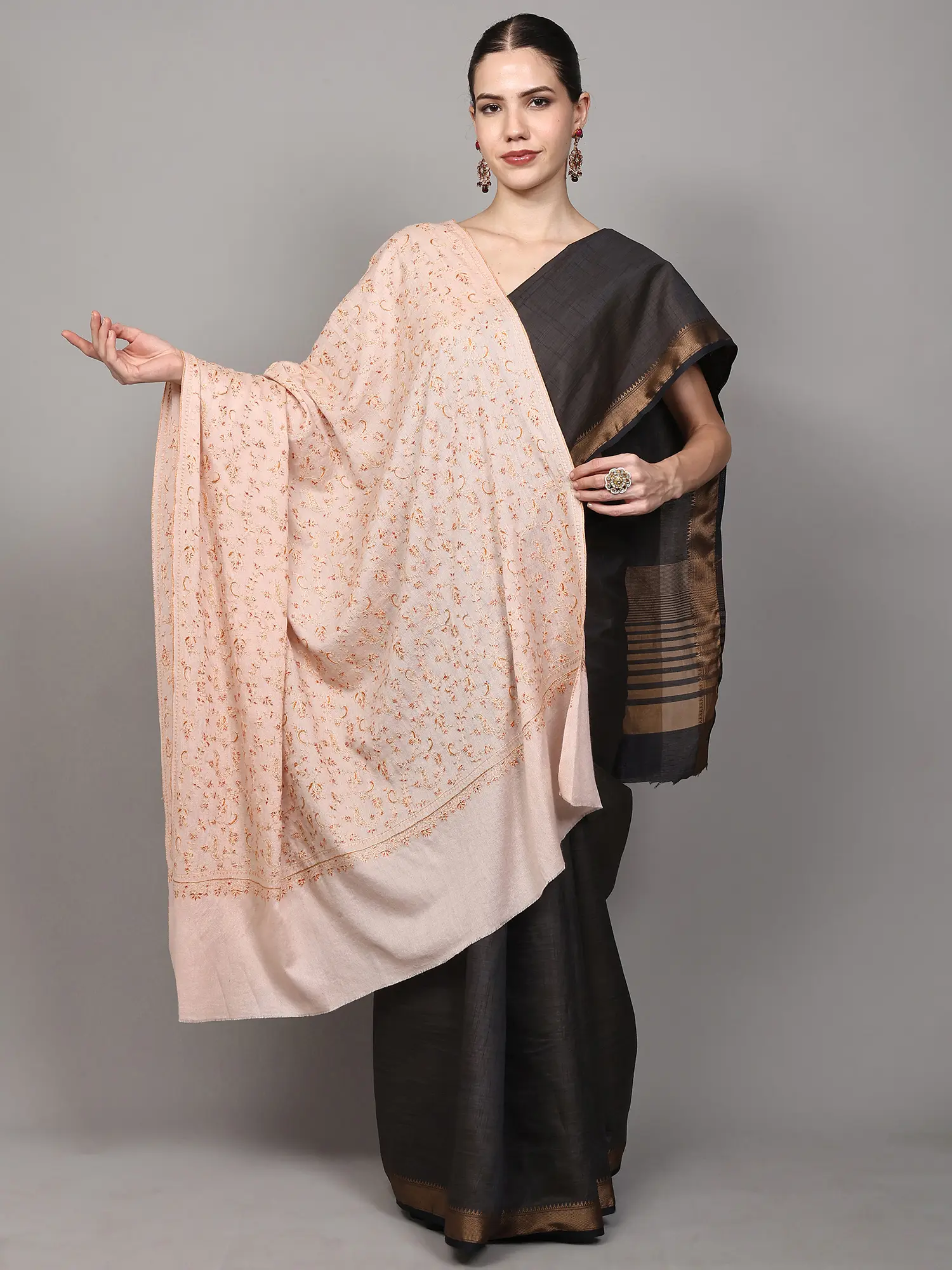 Creole-Pink Pure Wool Shawl from Kashmir with Jaaldar Sozni Hand-Embroidery
