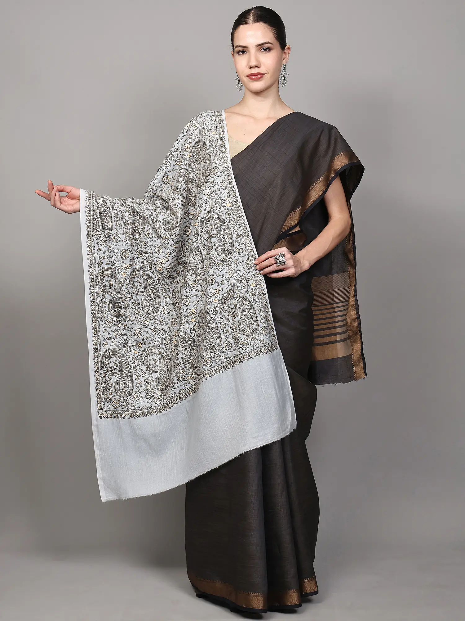 Wool Stole from Amritsar with All-Over Thread Embroidered Giant Paisleys and Flowers
