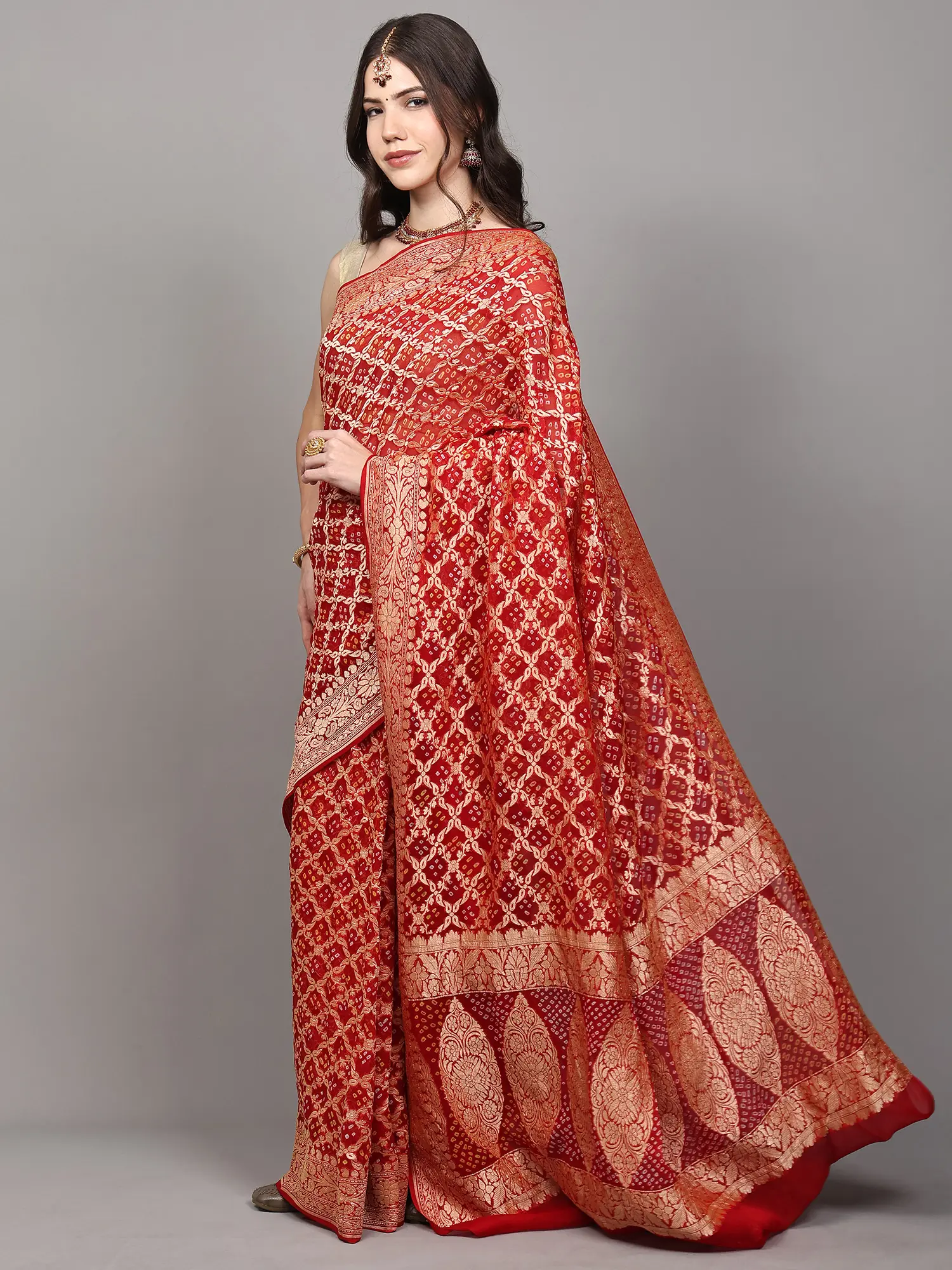 Tango-Red Georgette Bandhani Saree with Zari Woven Floral-Paisley jaal from Gujarat