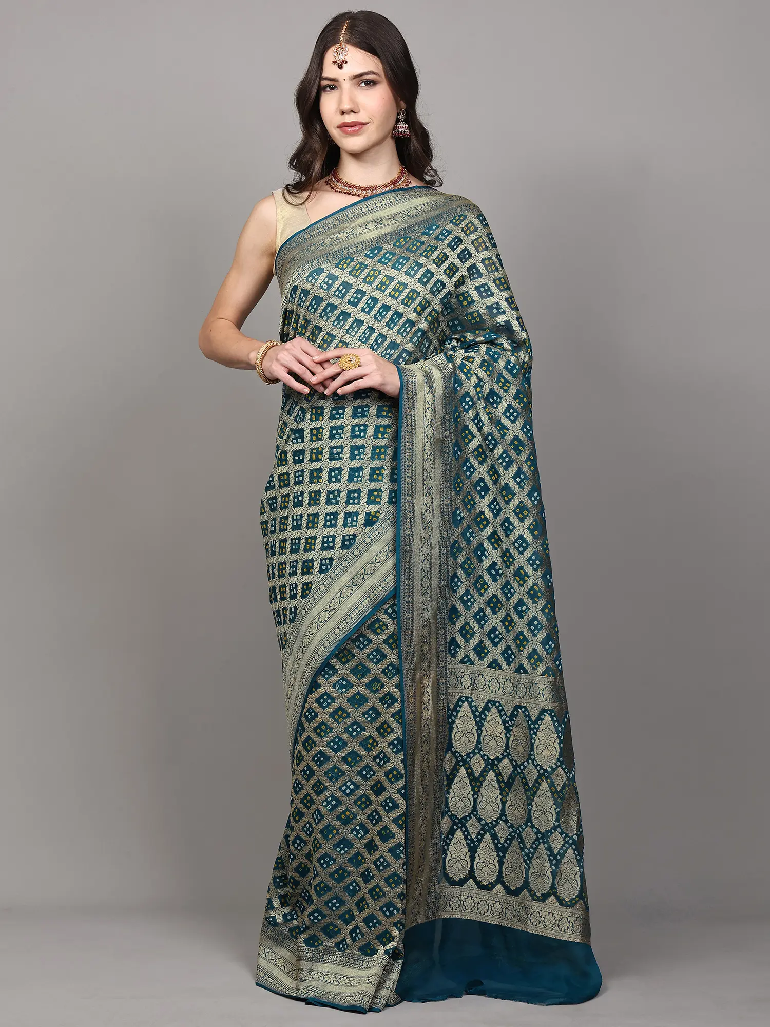 Moroccan-Blue Georgette Bandhej Saree with Zari Woven Paisley Jaal from Gujarat
