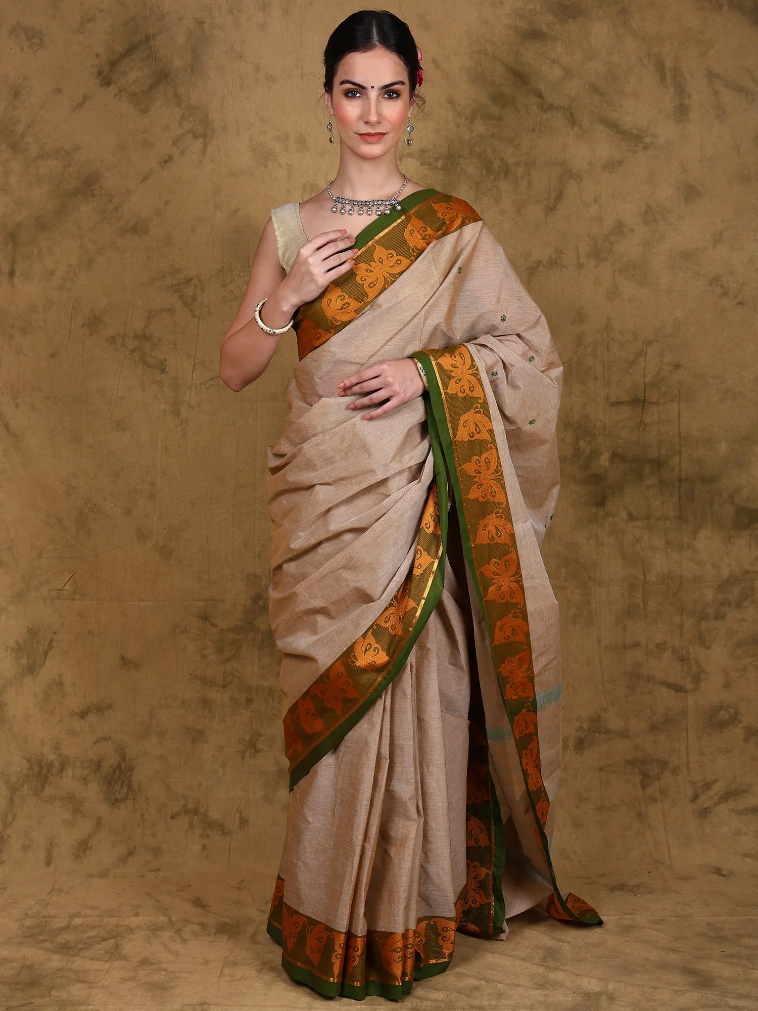 Ginger-Root Chettinad Cotton Saree with Woven Butterflies Contrast Border