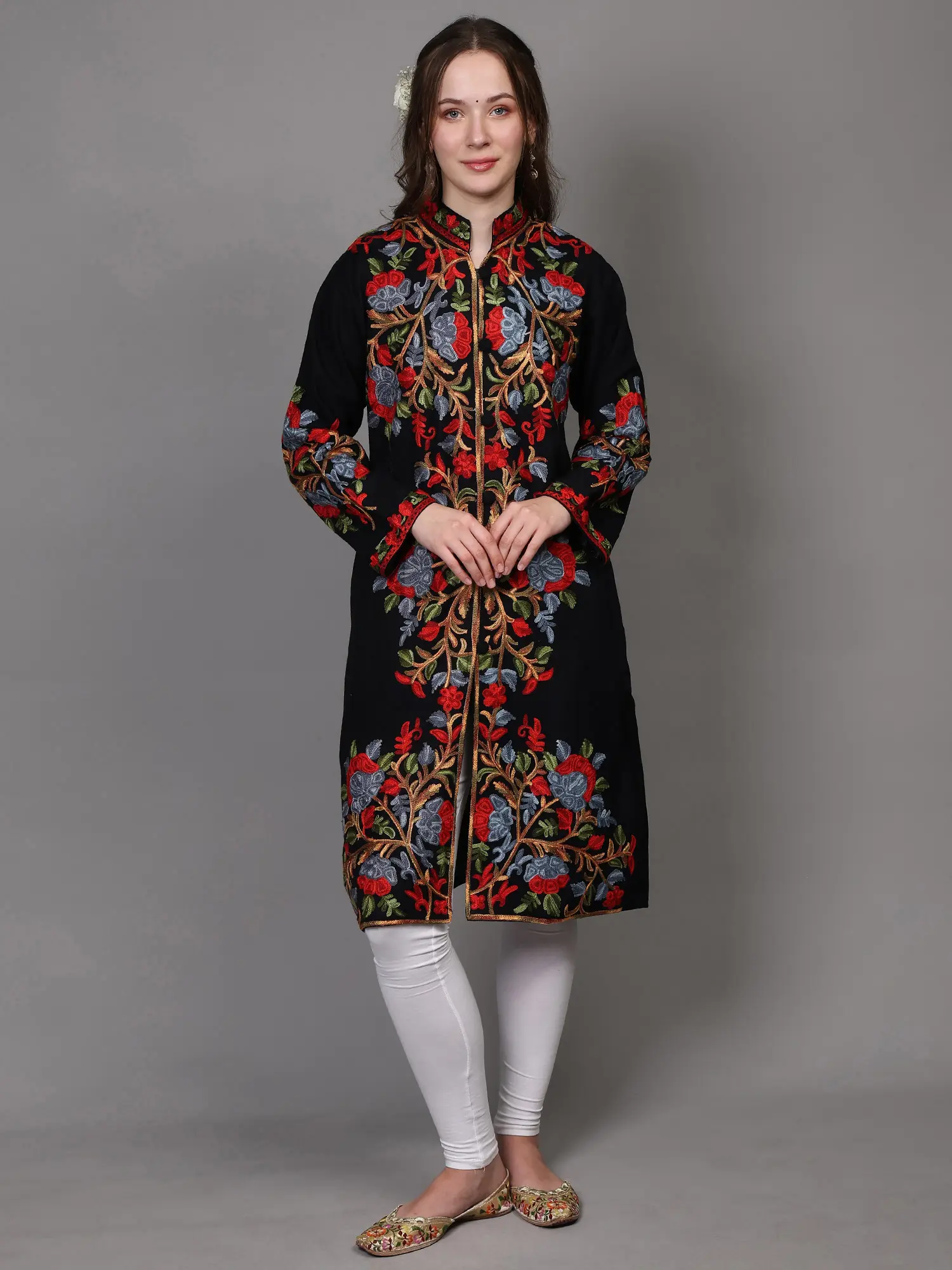 Wool Long Jacket from Kashmir with Multicolor Aari Embroidered Floral Motifs