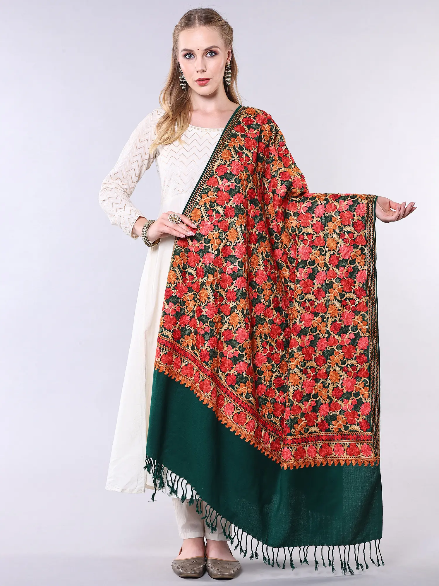 Wool Shawl from Kashmir with All-over Aari Embroidered Flowers