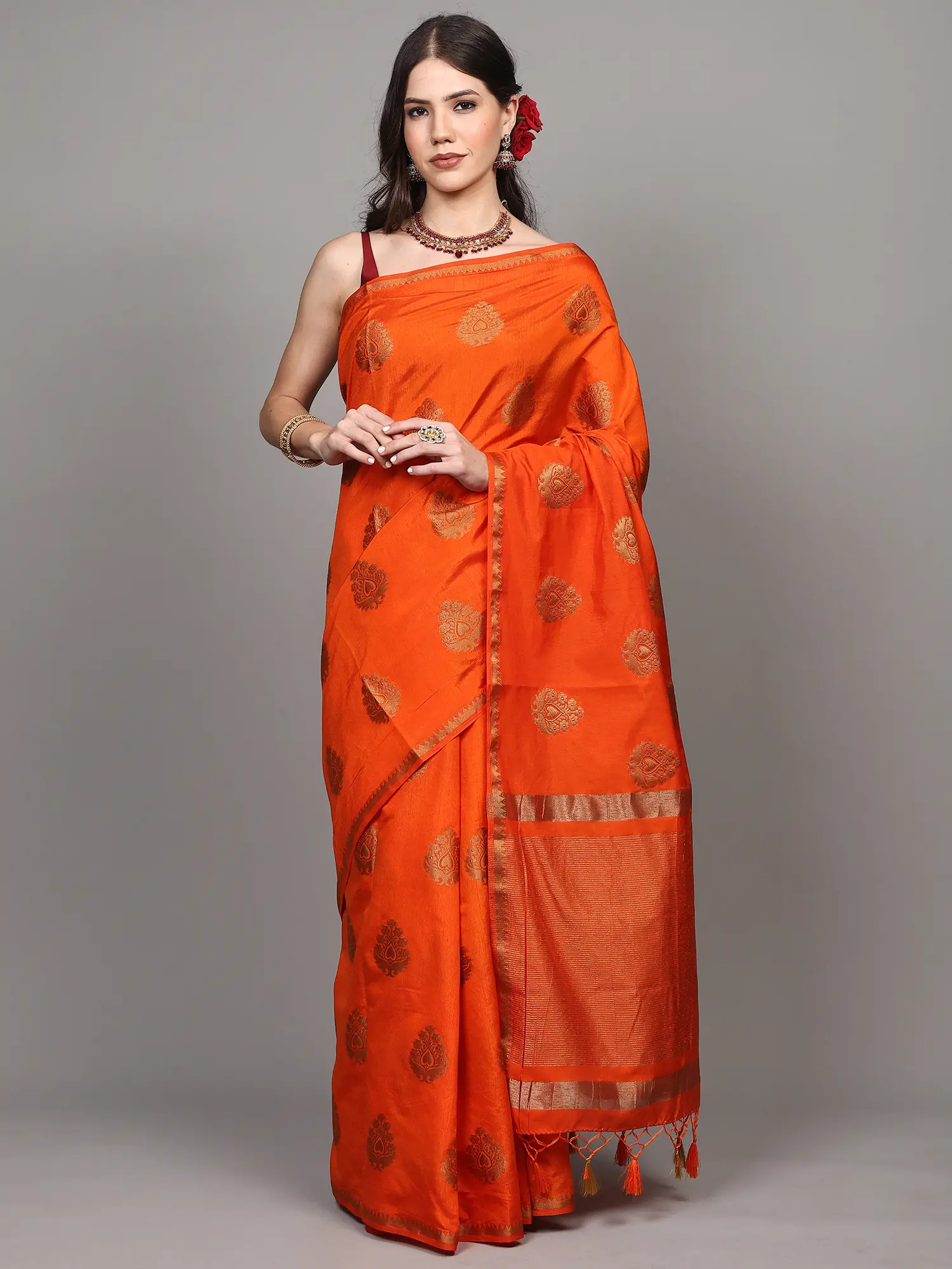 Tangerine-Tango Temple Border Saree with Zari woven Motifs and Striped Anchal from Chennai
