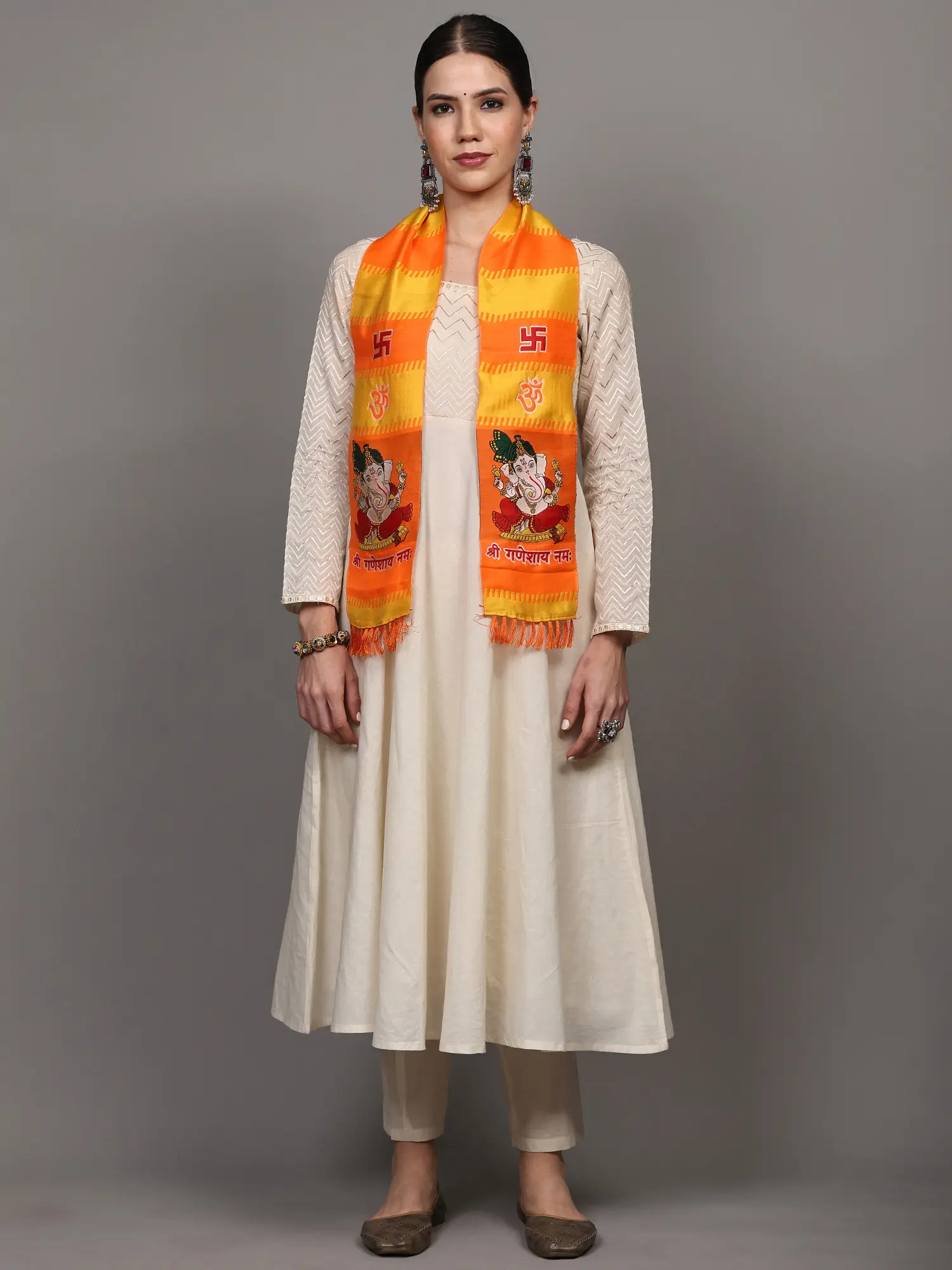 Orange and Yellow Lord Ganapati Prayer Scarf with woven Shri Ganeshay Namah Mantra (Unisex)