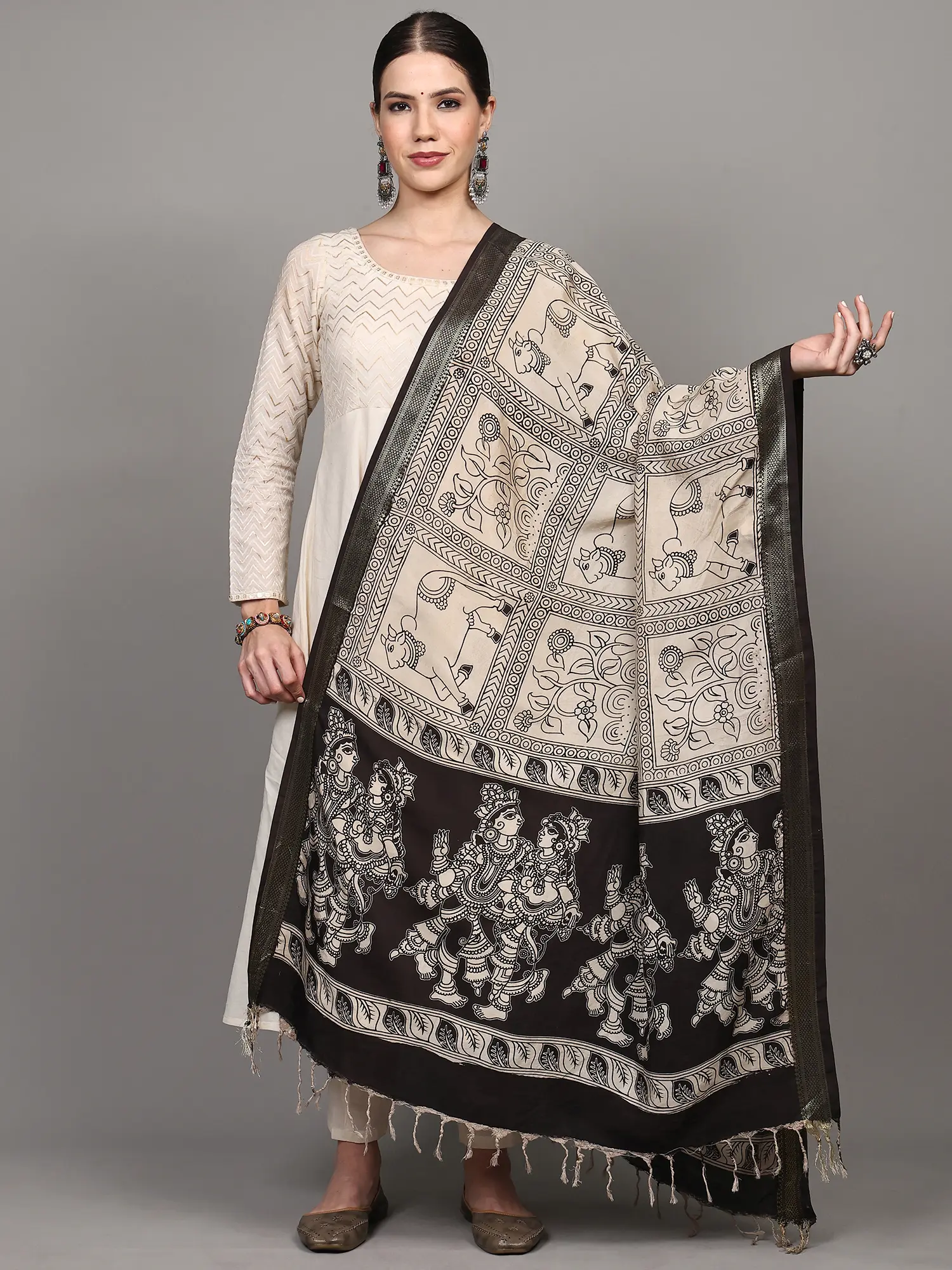Summer-Sand Kalamkari Dupatta with Printed Radha-Krishna and Cow from Telangana