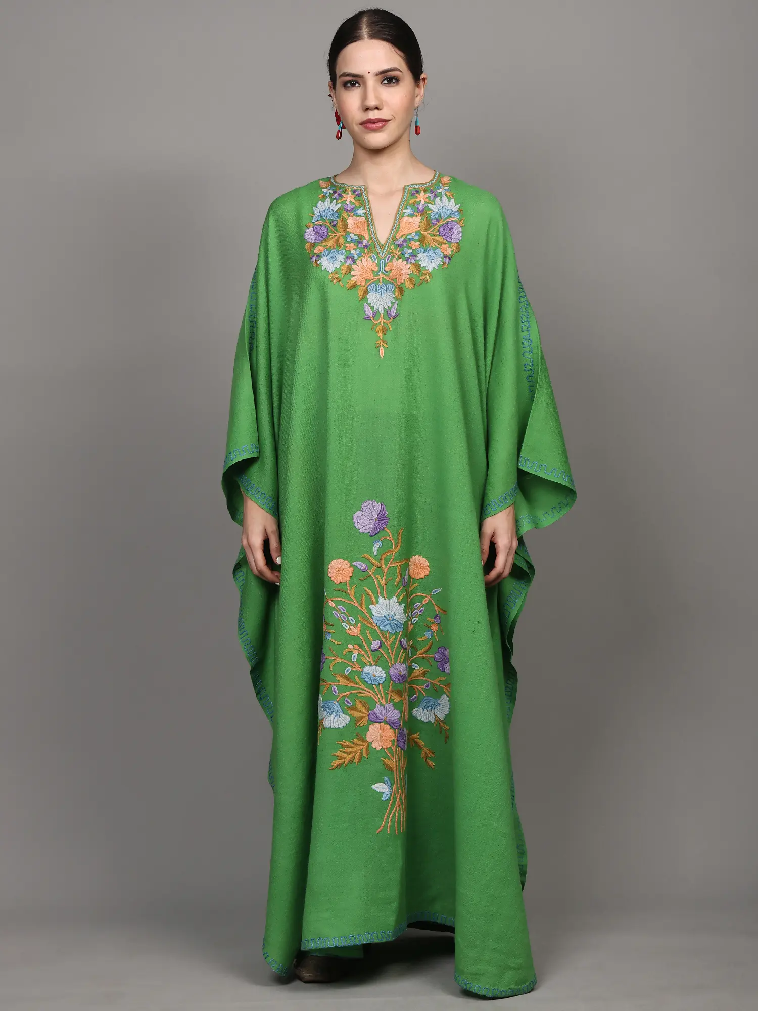 Summer-Green Long Kaftan from Kashmir with Aari Embroidered Flowers