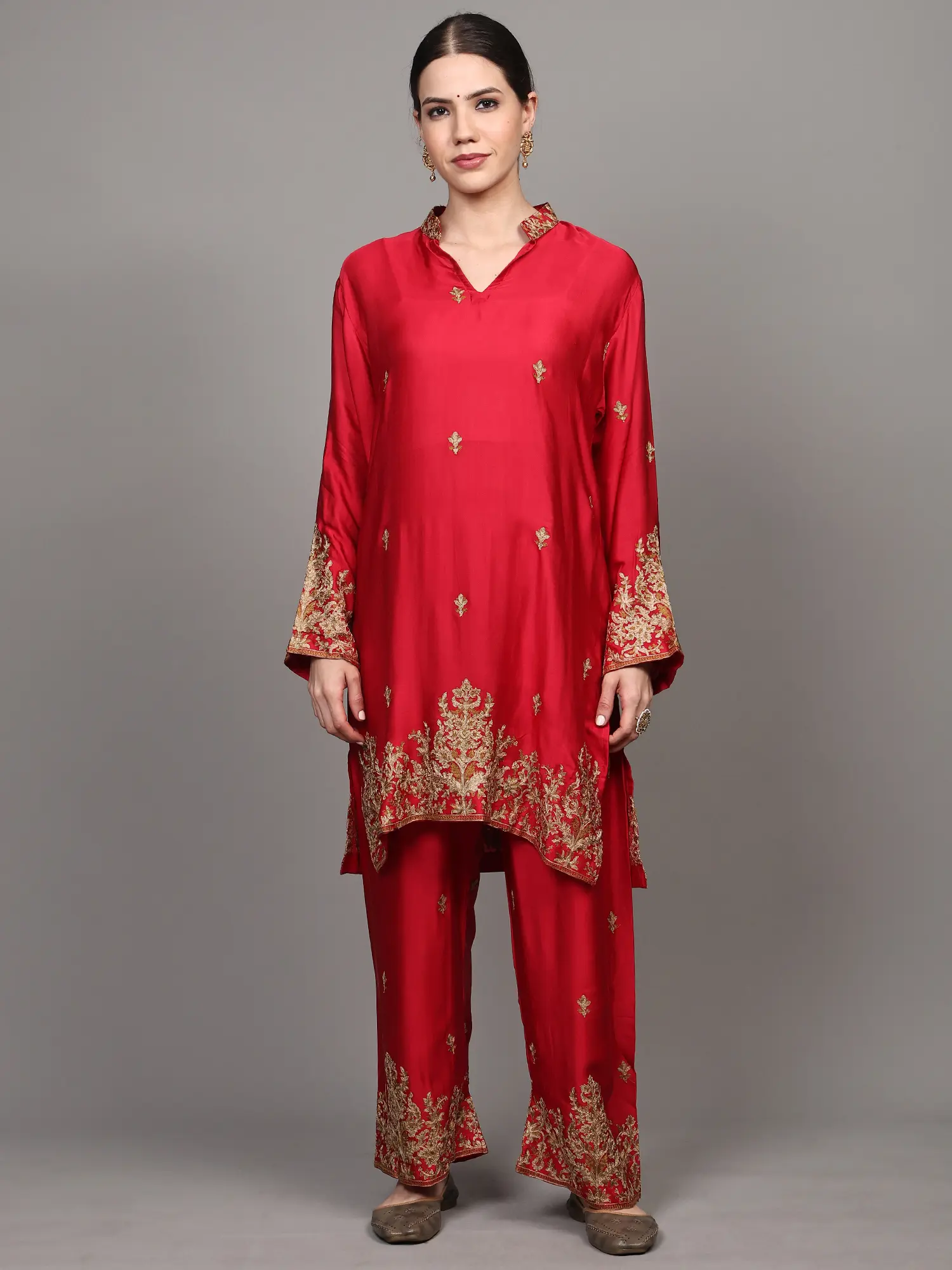Jalapeno-Red Salwar Suit with Chain Stitch Aari Embroidered Flowers from Kashmir