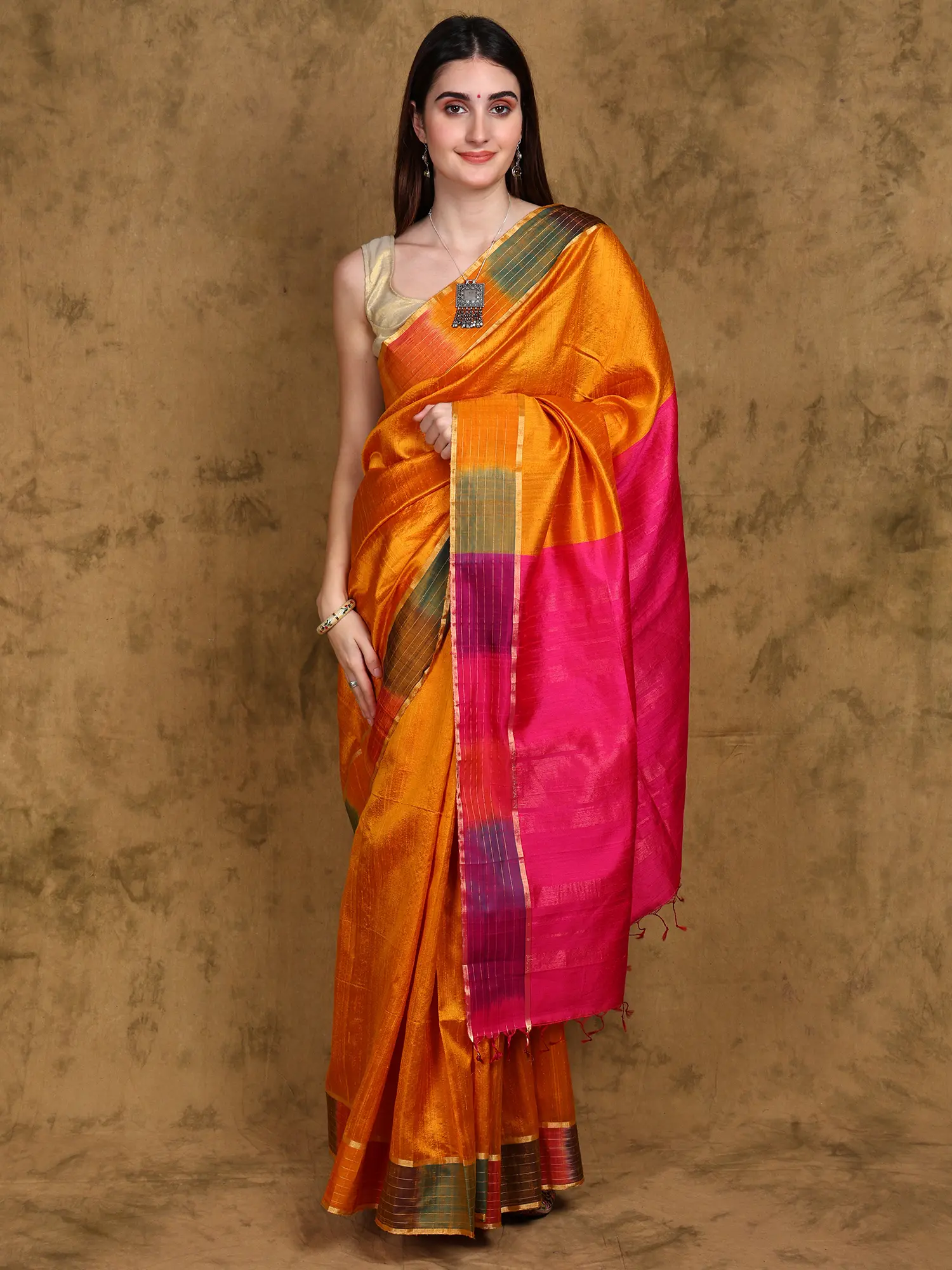 Golden-Orange Raw Silk Saree from Bangalore with Zari Woven Stripes Border and Pallu