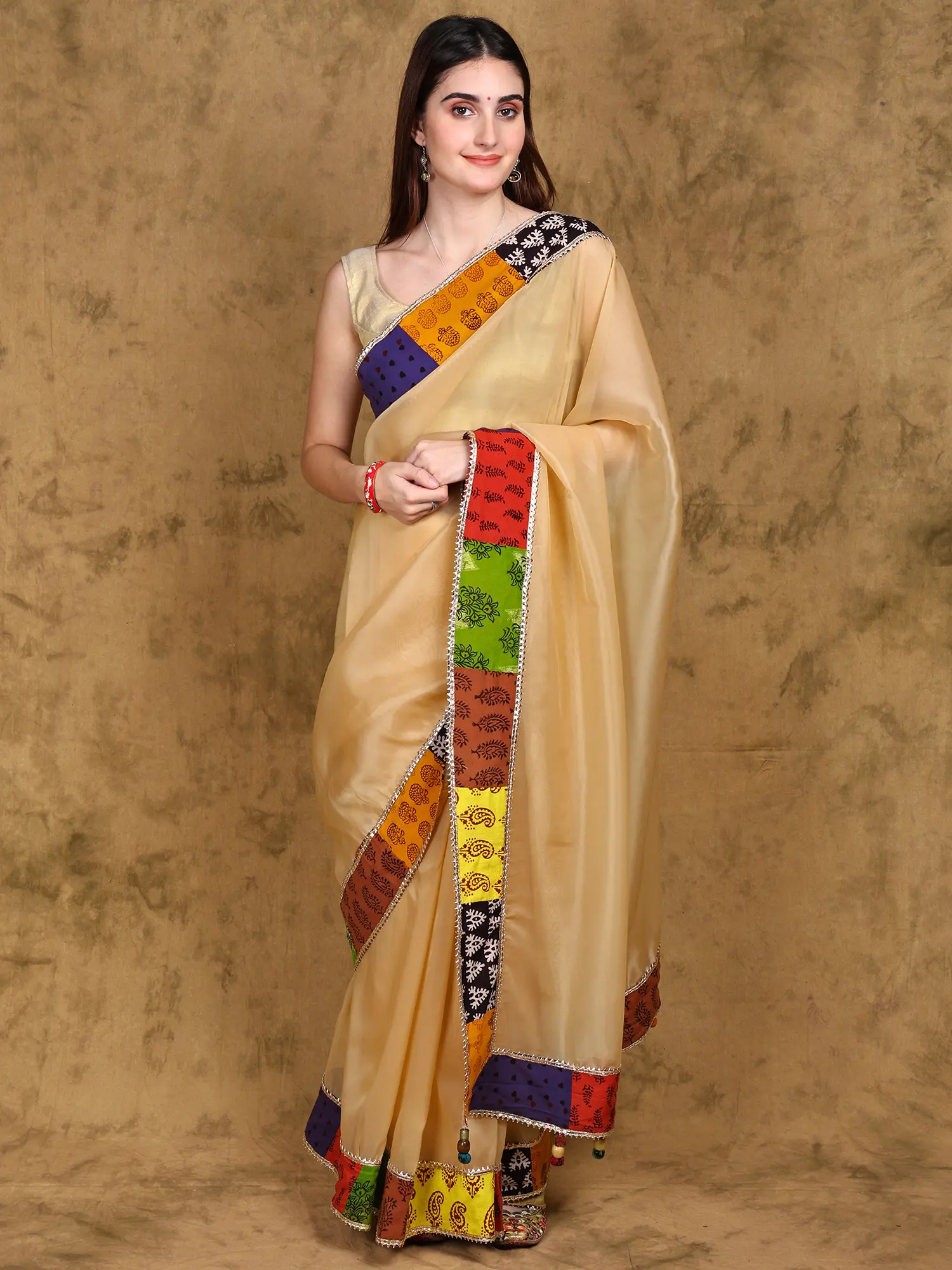 Mellow-Buff Patch Border Saree with Latkan Pallu - Handcrafted by Adivasi Women of Madhya Pradesh