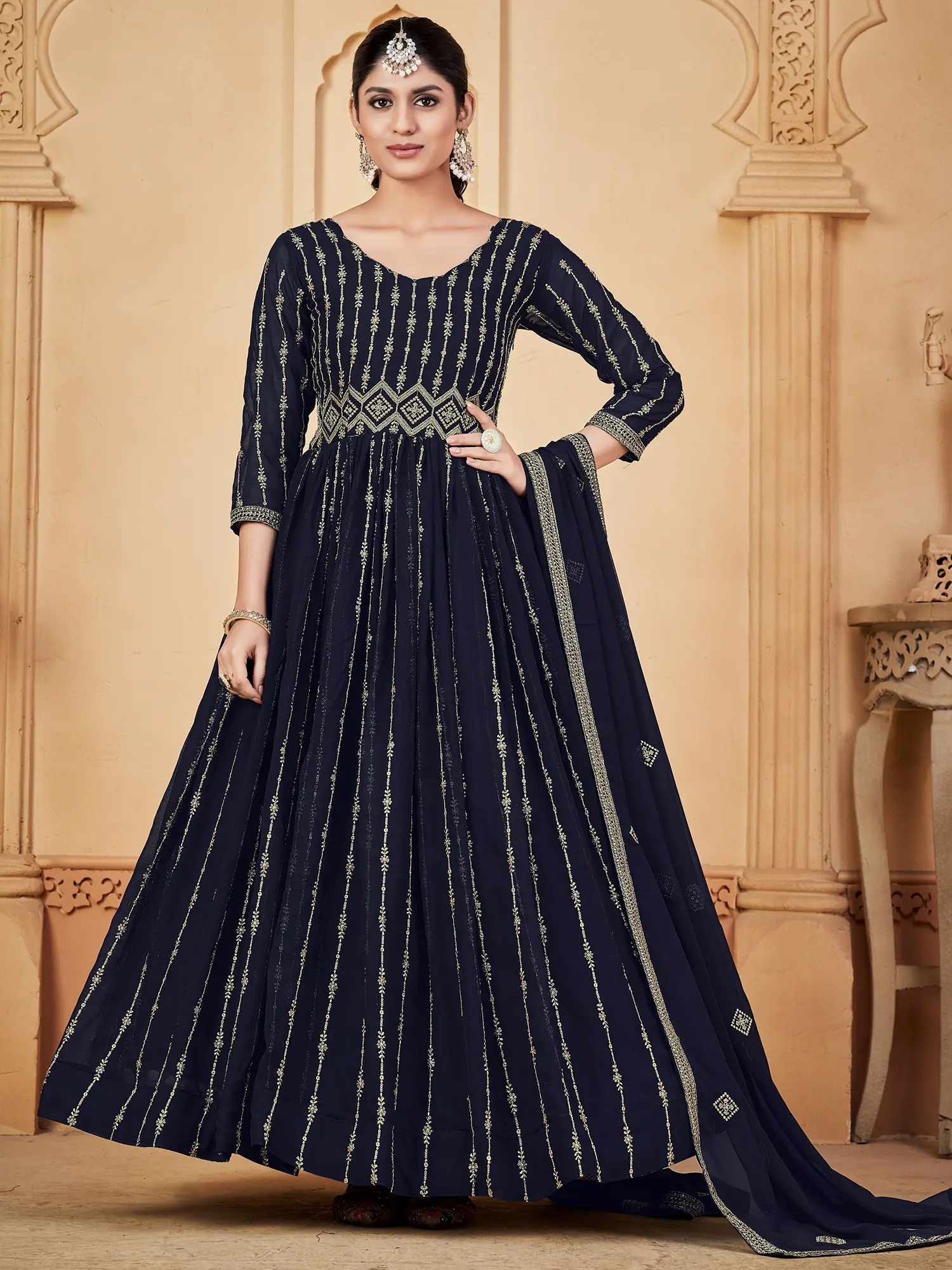 Navy-Blue Golden Embroidery Designer Striped Georgette Anarkali Suit With  Matching Net Dupatta | Exotic India Art