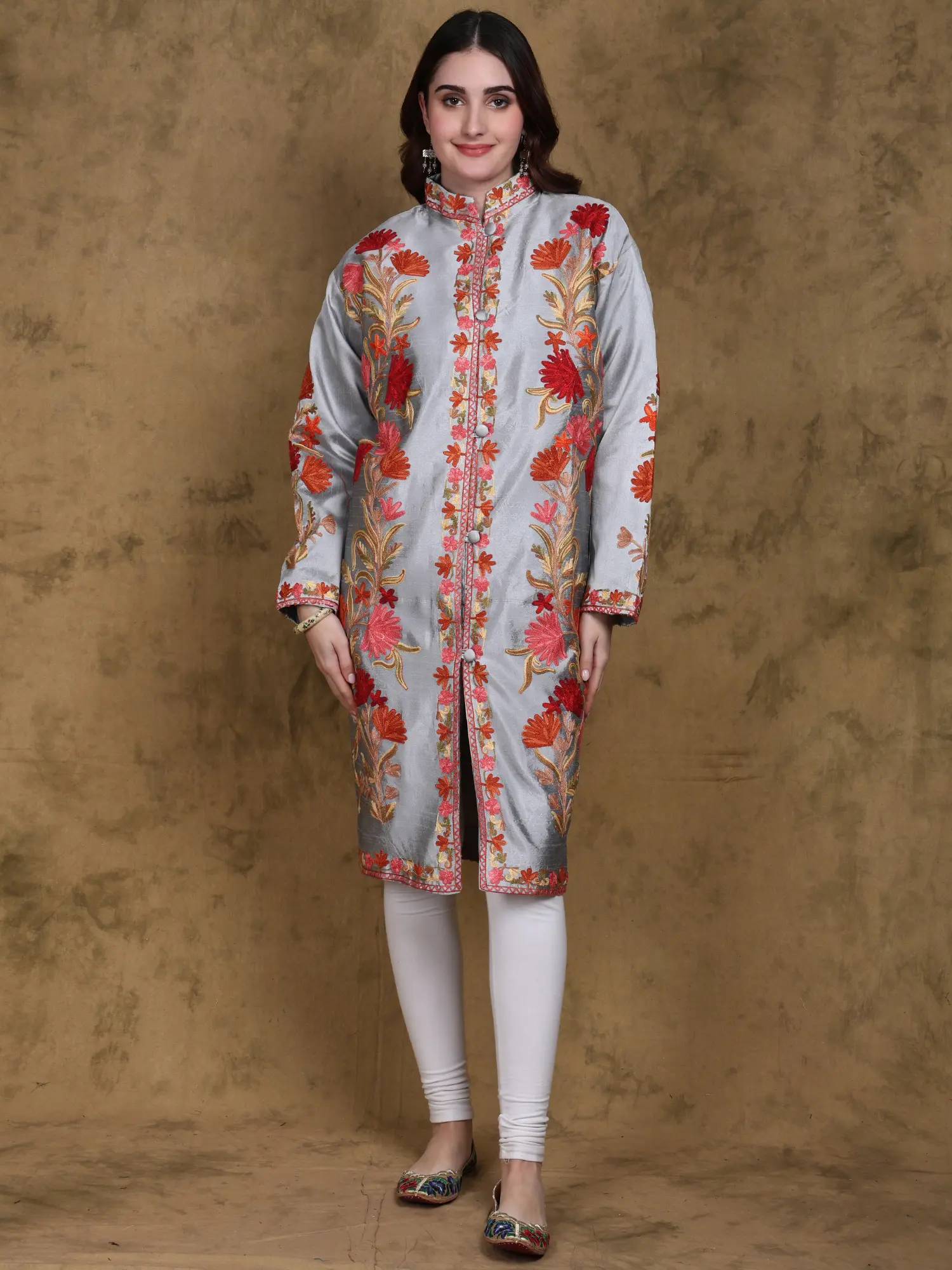 Arctic-Ice Art Silk Mandarin Collar Kashmiri Long Jacket with All