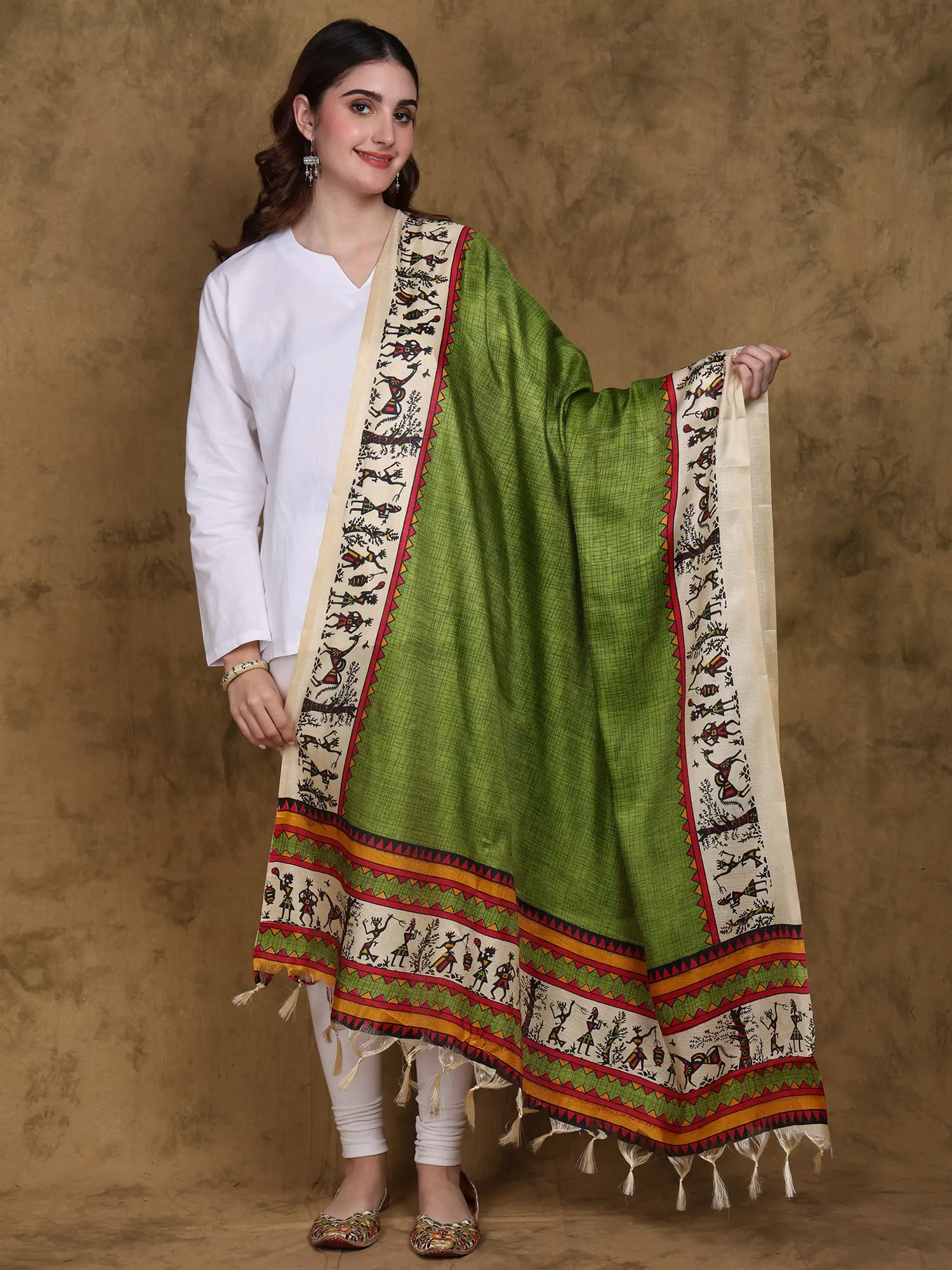 Art Silk Dupatta with Warli Art Print Border