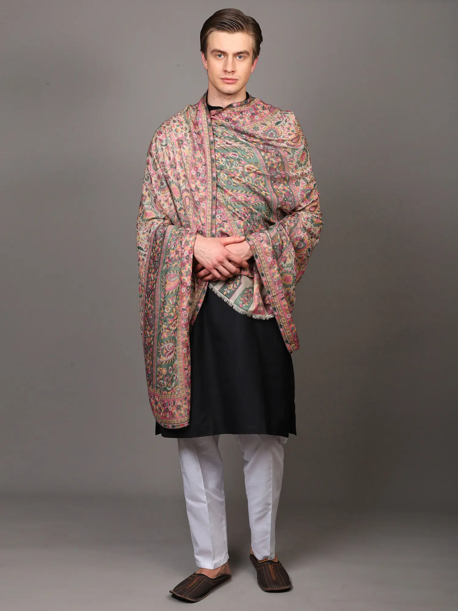 Jamawar Shawl from Amritsar with Woven Paisleys and Flowers in Multicolor