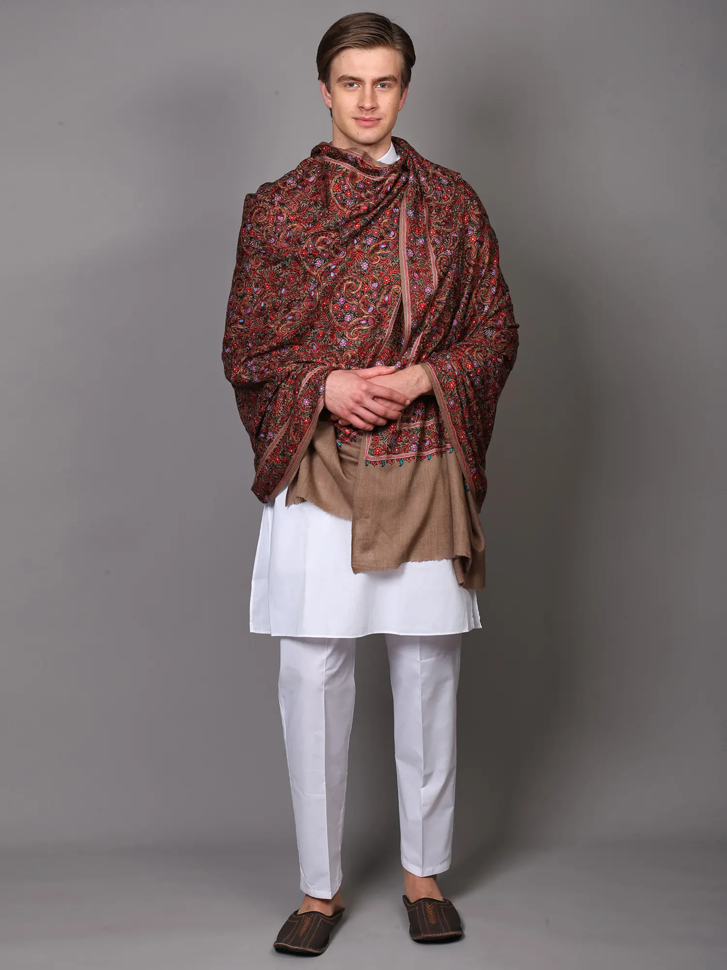 Pure Wool Diamond Weave Shawl from Kashmir with Intricate Heavy Thread Embroidered Paisley and Flowers